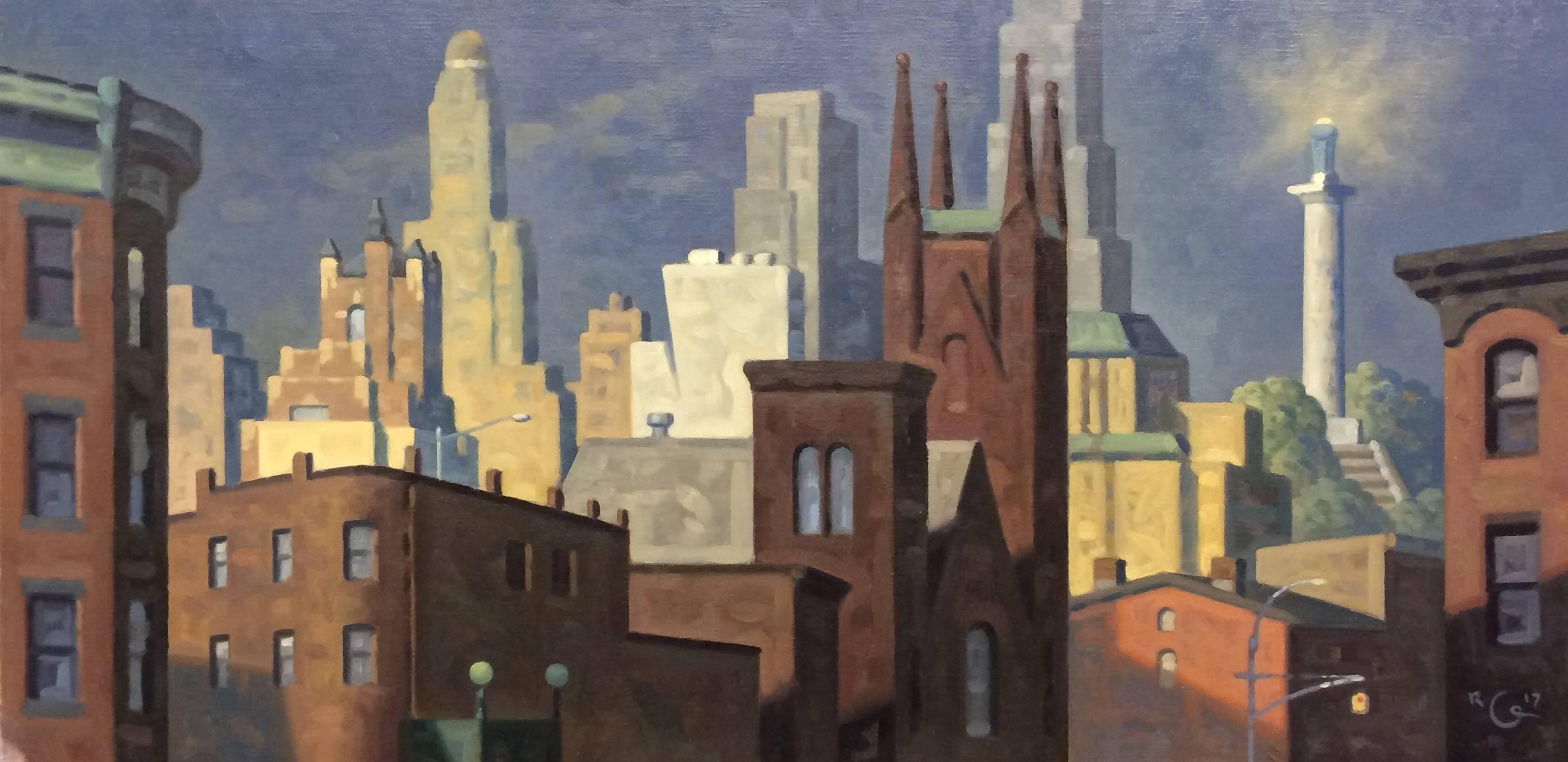 Robert Goldstrom Landscape Painting - Ft. Greene Panorama, Study (Cityscape Oil Painting of Brooklyn Skyline)
