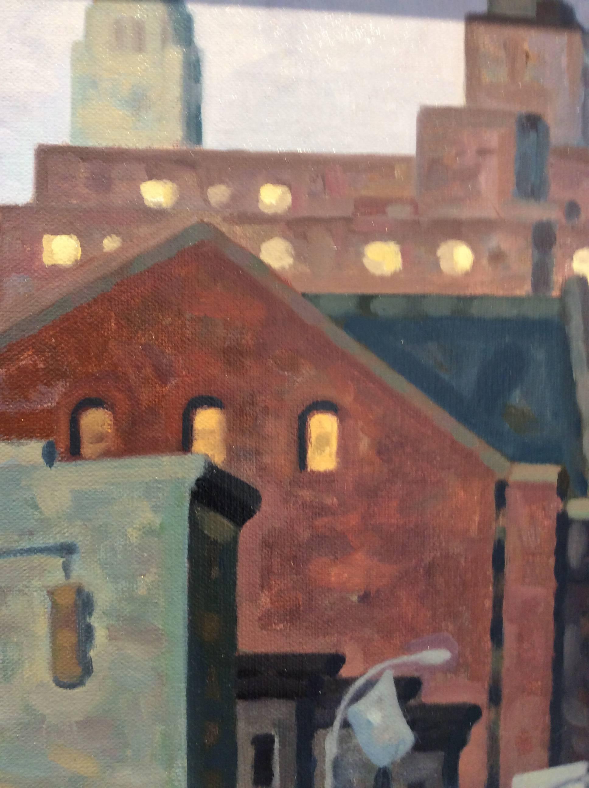 oil on linen board
10 x 8
12.5 x 10.5 inches framed

This small 10 x 20 inch cityscape oil painting on canvas board in a black frame was painted by Robert Goldstrom in 2017. The scene is of the Brooklyn, NY skyline in the very early hours of the