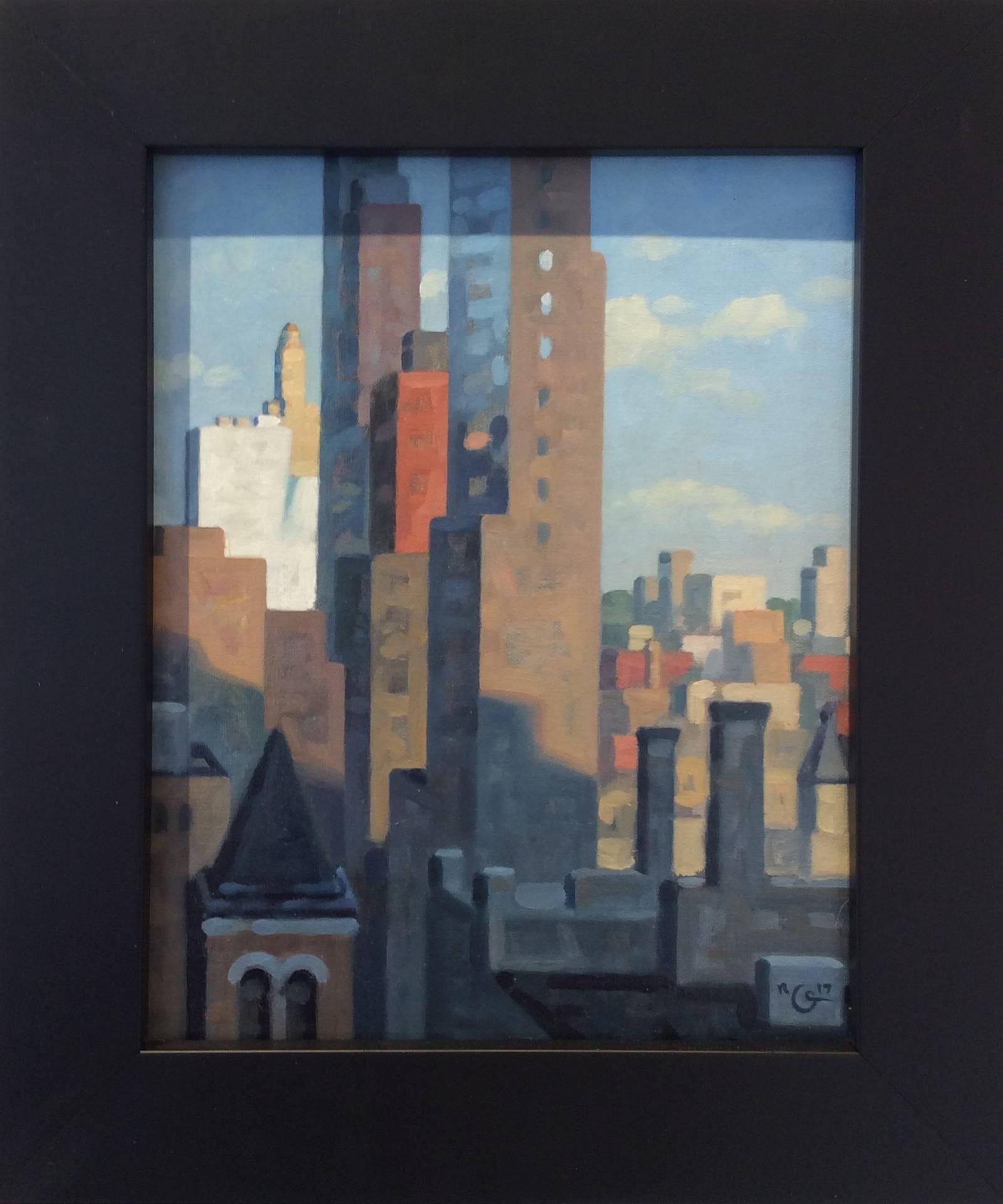 oil on linen board
10 x 8
12.5 x 10.5 inches framed

This small 10 x 20 inch cityscape oil painting on canvas board in a black frame was painted by Robert Goldstrom in 2017. The scene is of the New York City skyline in the very early hours of the