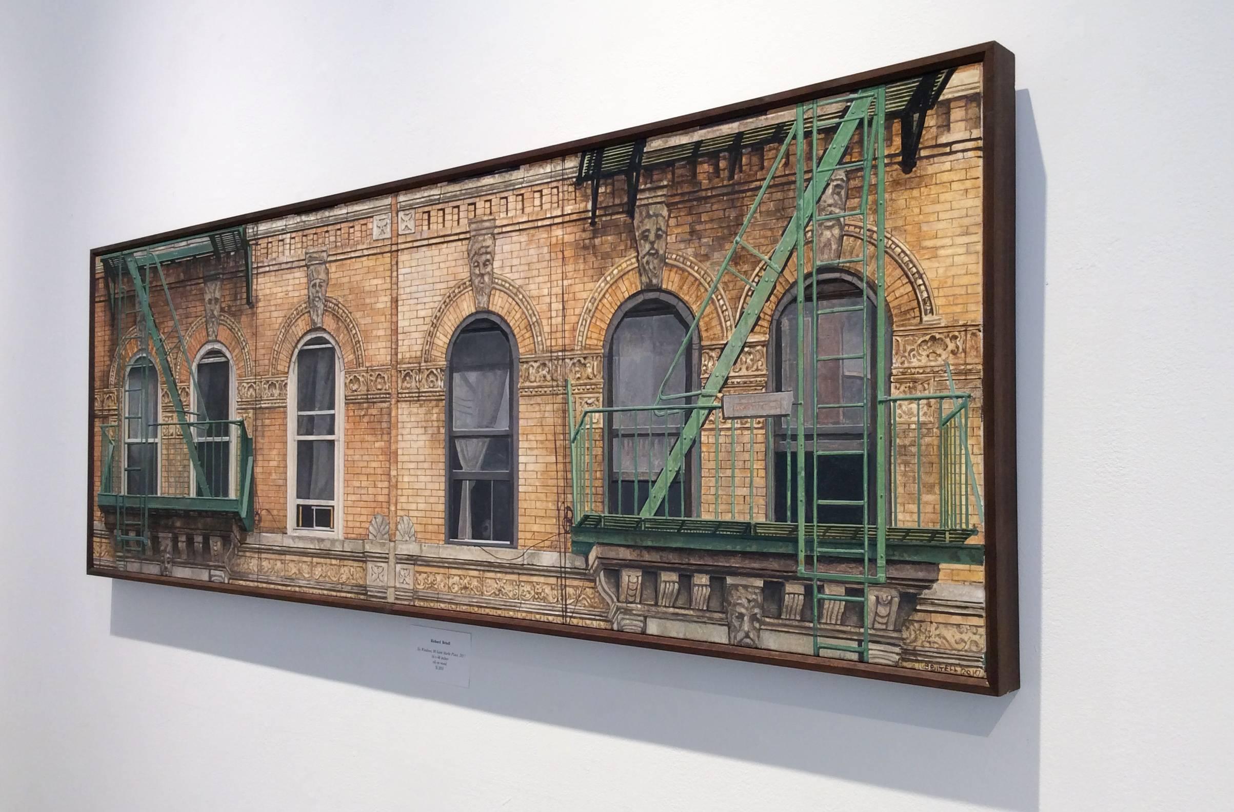 Photo-realist cityscape oil painting of iconic neoclassical red brick building in Manhattan's East Village. 
oil on wood in artist made frame
16 x 48 inches 

This contemporary, realistic oil painting of a New York City building was painted by