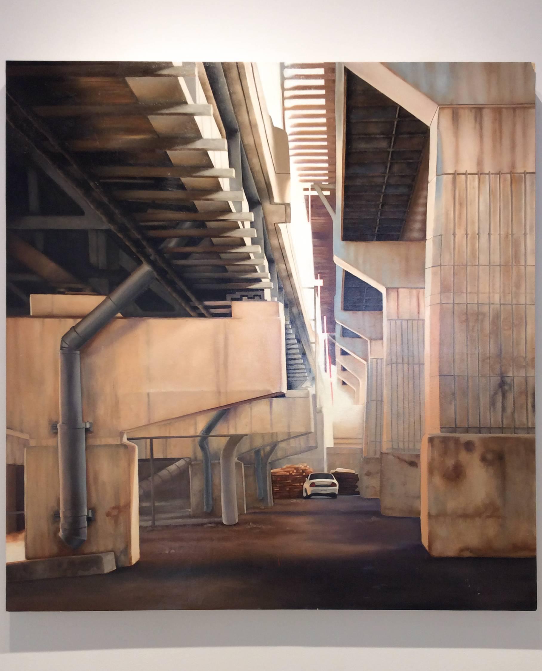 Bedford Between S. 5 & S. 6 St. Brooklyn (Photorealist Industrial Oil Painting) - Brown Landscape Painting by Eileen Murphy