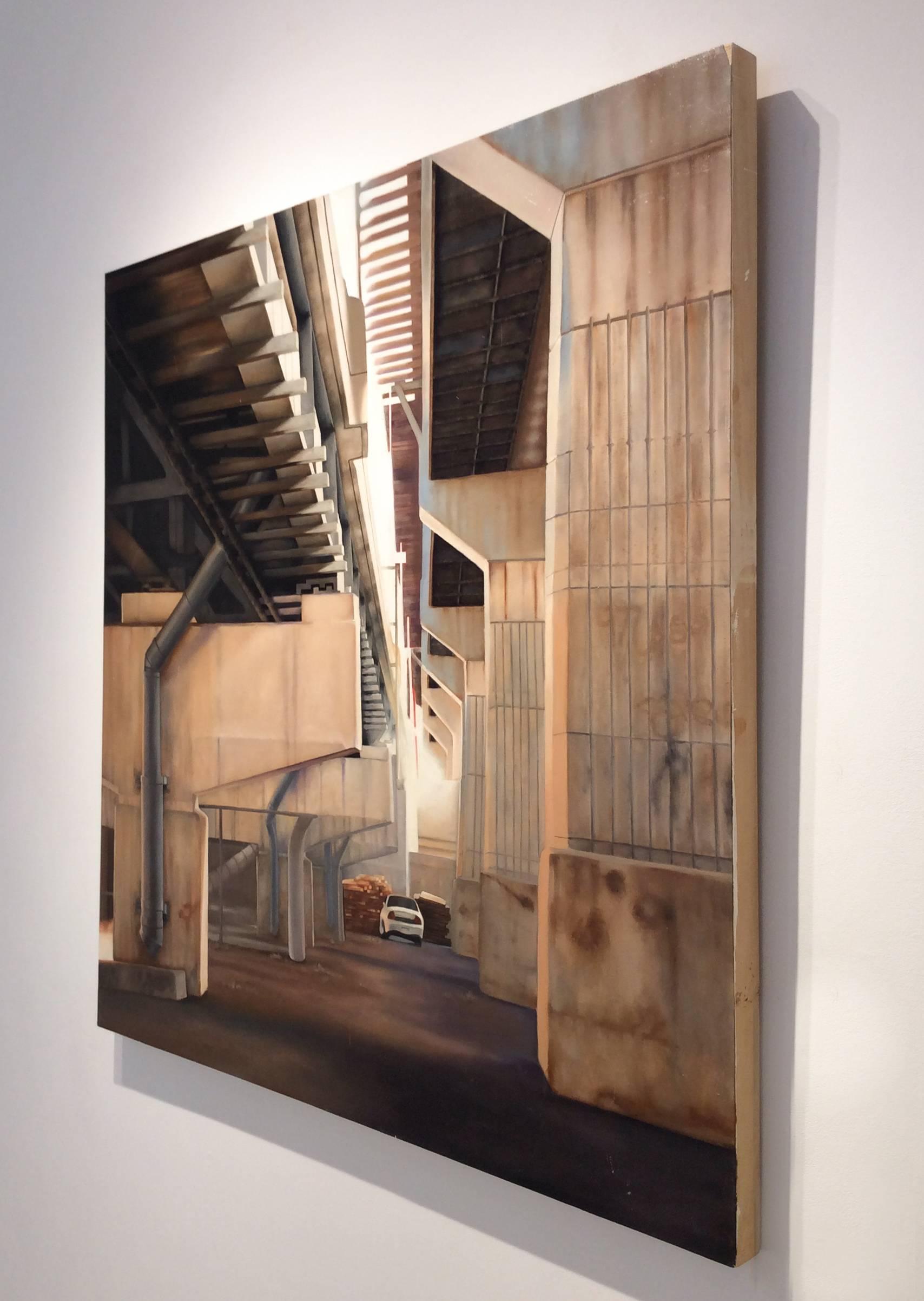 Contemporary photo-realist style painting of a urban industrial New York City underpass
48 x 50 inches, Oil on panel
wire and d-ring on the back, ready to hang as is

Created in 2006, this painting demonstrates Eileen Murphy's talent for