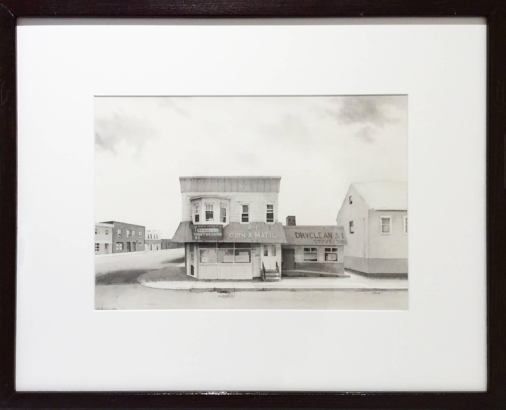 A1 Coinomatic  (Modern Realist Cityscape in Black & White Watercolor) - Art by Scott Nelson Foster