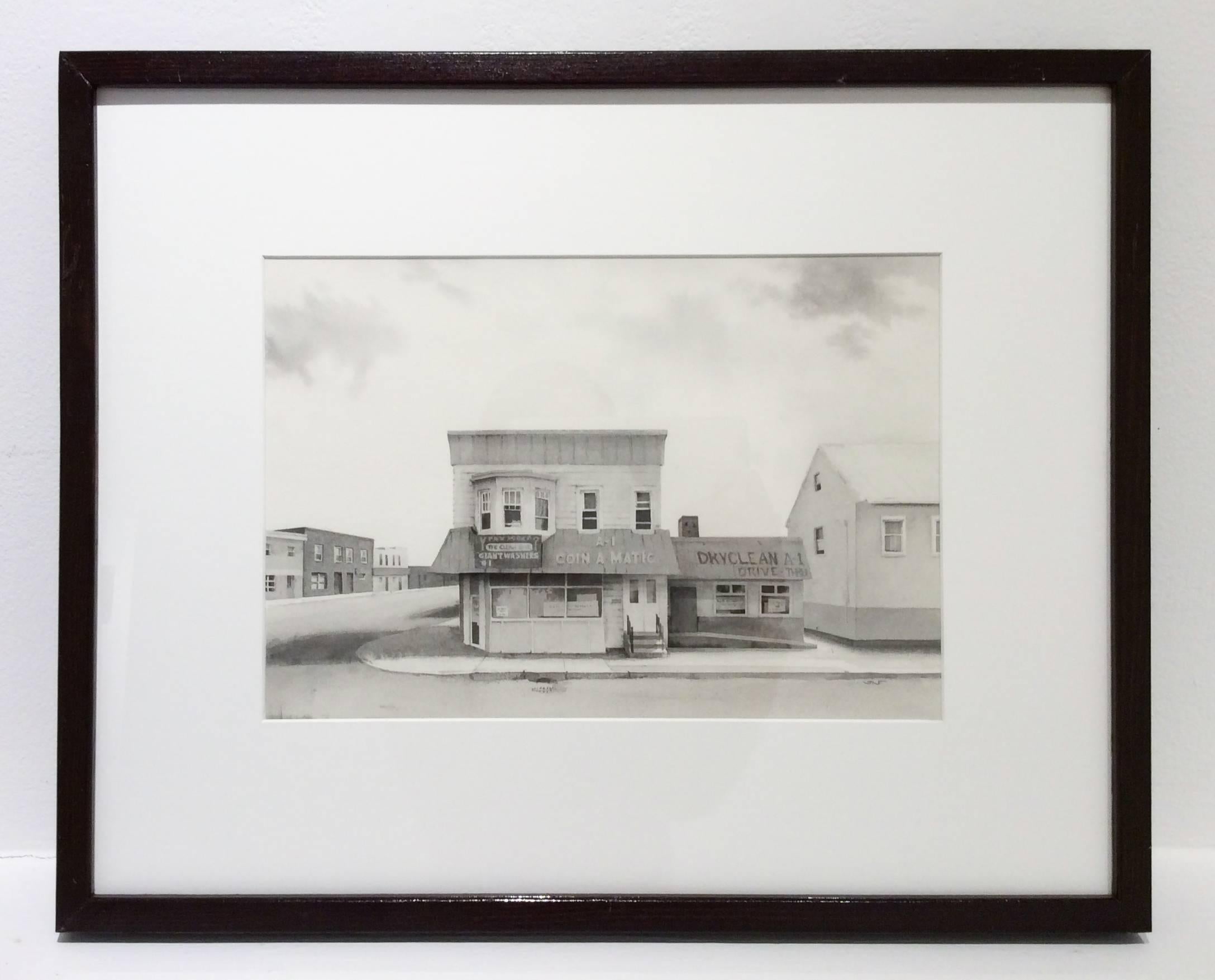 This photo-realist cityscape of a corner laundromat was painted with black and white watercolor by Scott Nelson Foster in 2015. The contemporary cityscape is completed in exquisite detail with close attention paid to perspective, depth, and