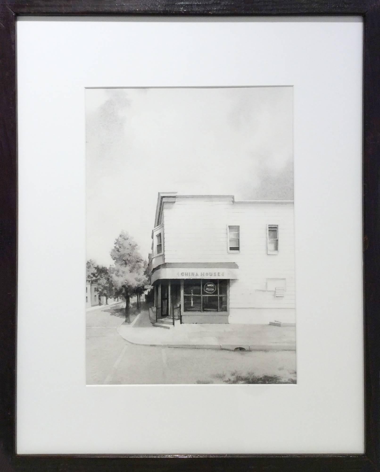 This photo-realist cityscape of a corner Chinese restaurant was painted with black and white watercolor by Scott Nelson Foster in 2016. The contemporary cityscape is completed in exquisite detail with close attention paid to perspective, depth, and
