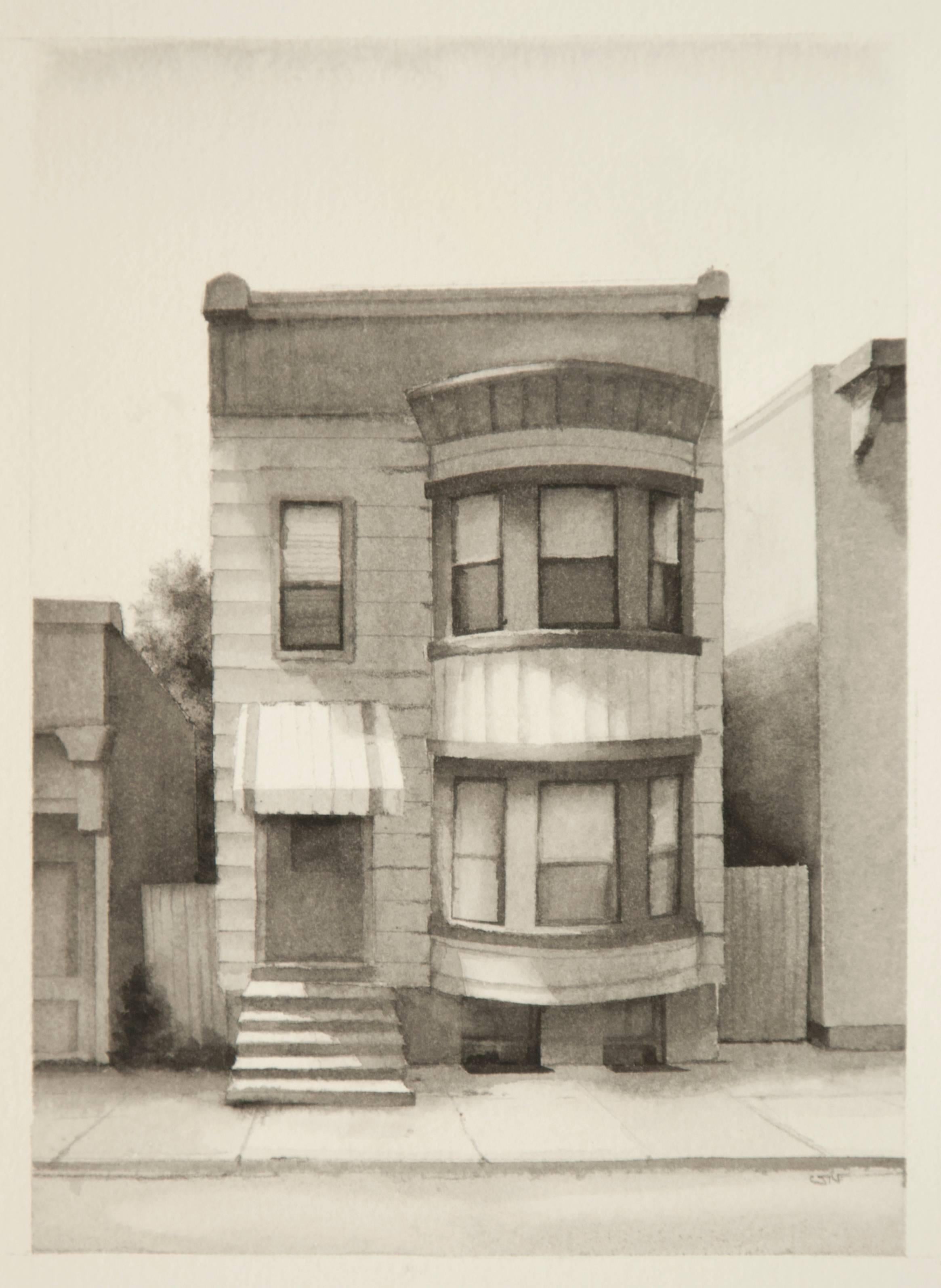 Fourth Street II  (Modern Realist Cityscape in Black & White Watercolor)