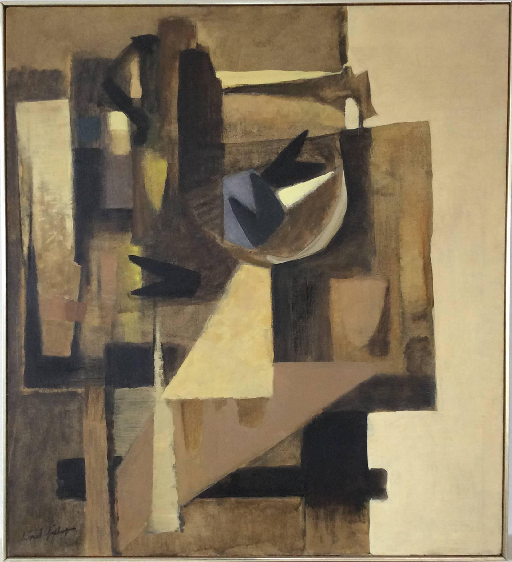 Lionel Gilbert Still-Life Painting - Untitled: Yellow & Brown Still Life (Cubist Inspired Oil Painting, Linen, 1969)