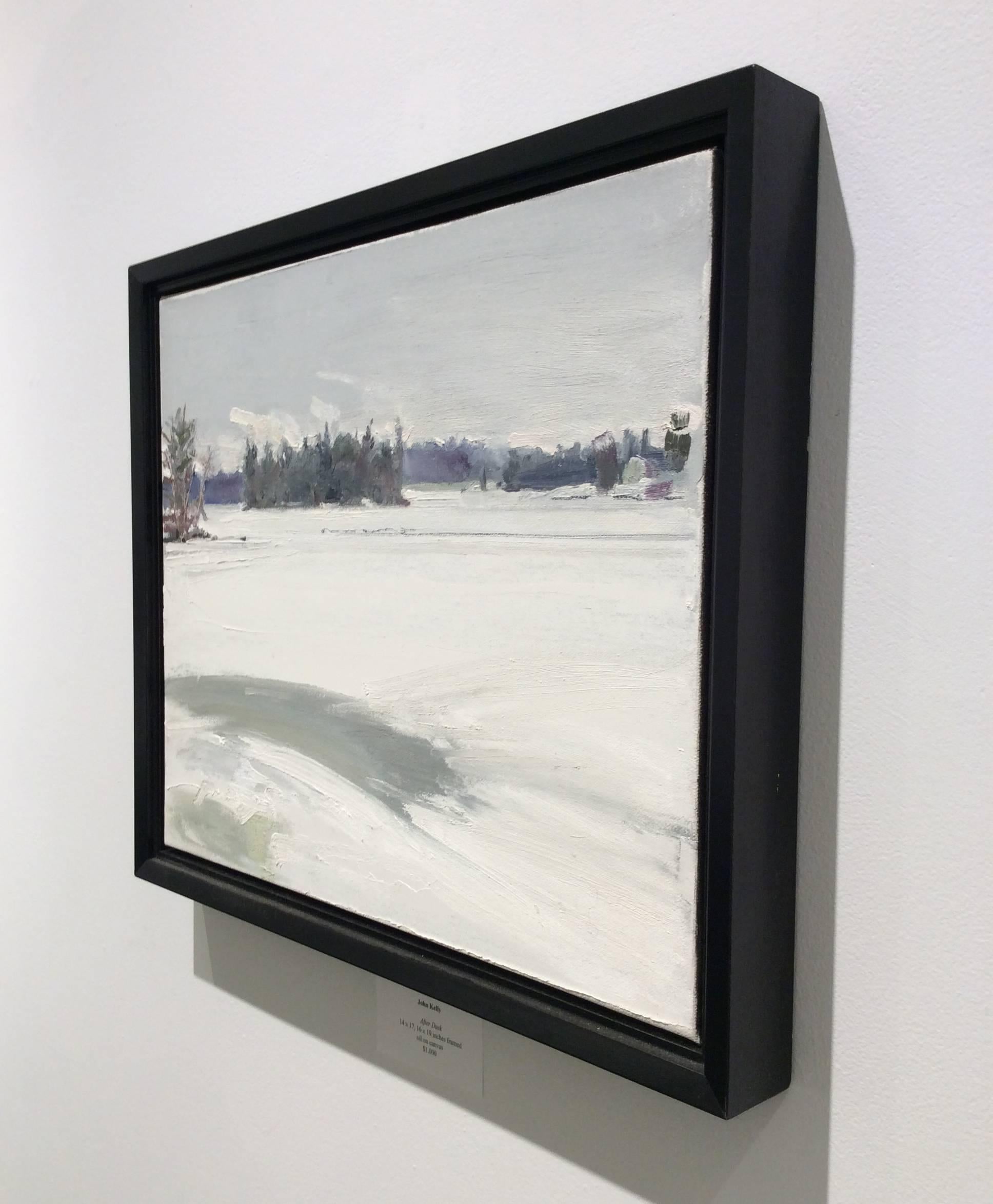 Nach Dusk: Landschaft, Ölgemälde von Winter, weißer Schnee auf einem Landschaftsfeld  (Moderne), Painting, von John Kelly