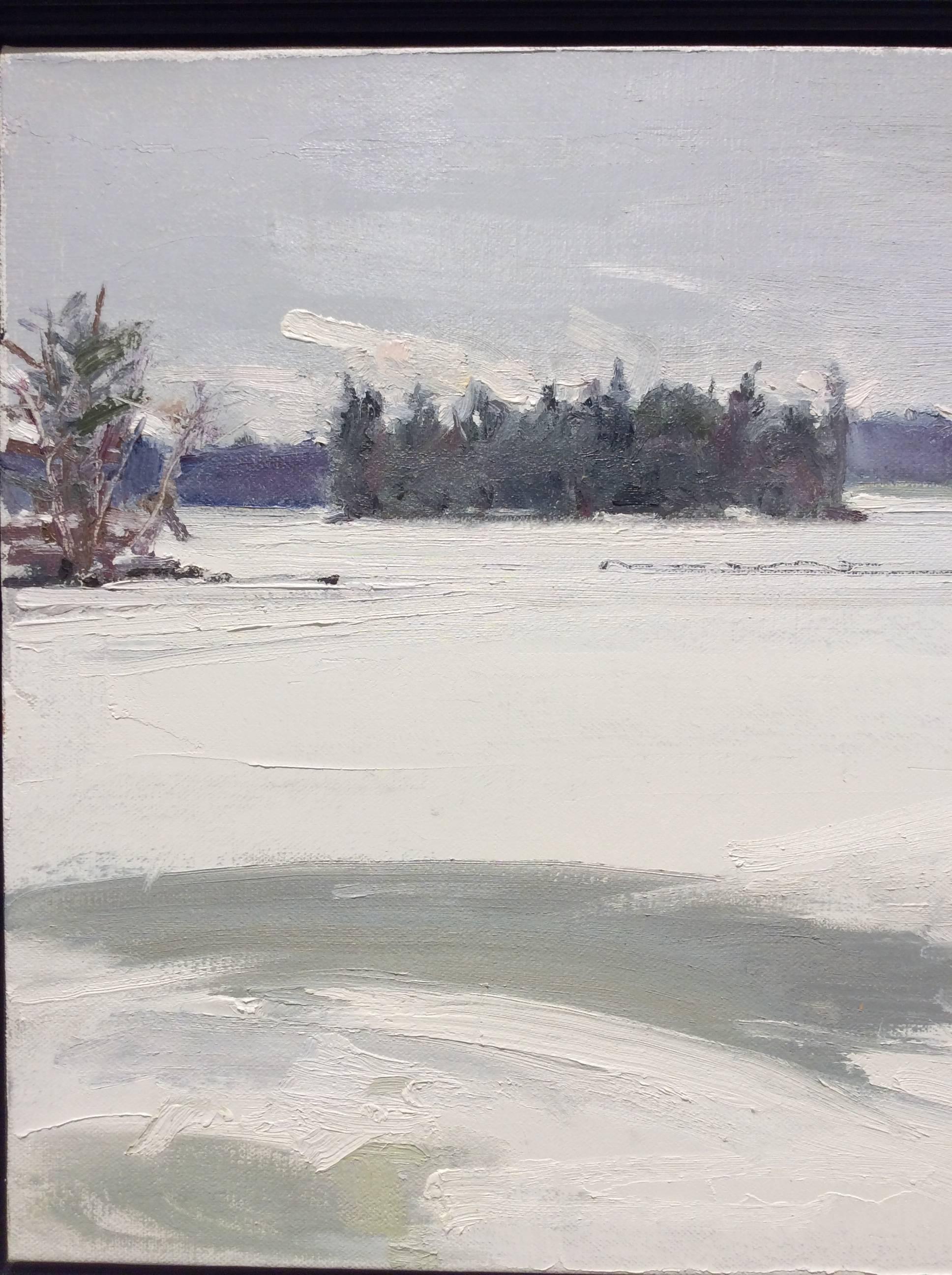 Après le crépuscule : Peinture à l'huile de paysage d'hiver, neige blanche sur un terrain de campagne  - Gris Landscape Painting par John Kelly