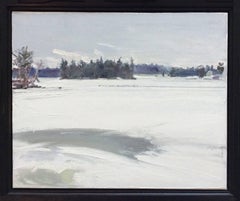 After Dusk: Landscape Oil Painting of Wintertime, White Snow in a Country Field 