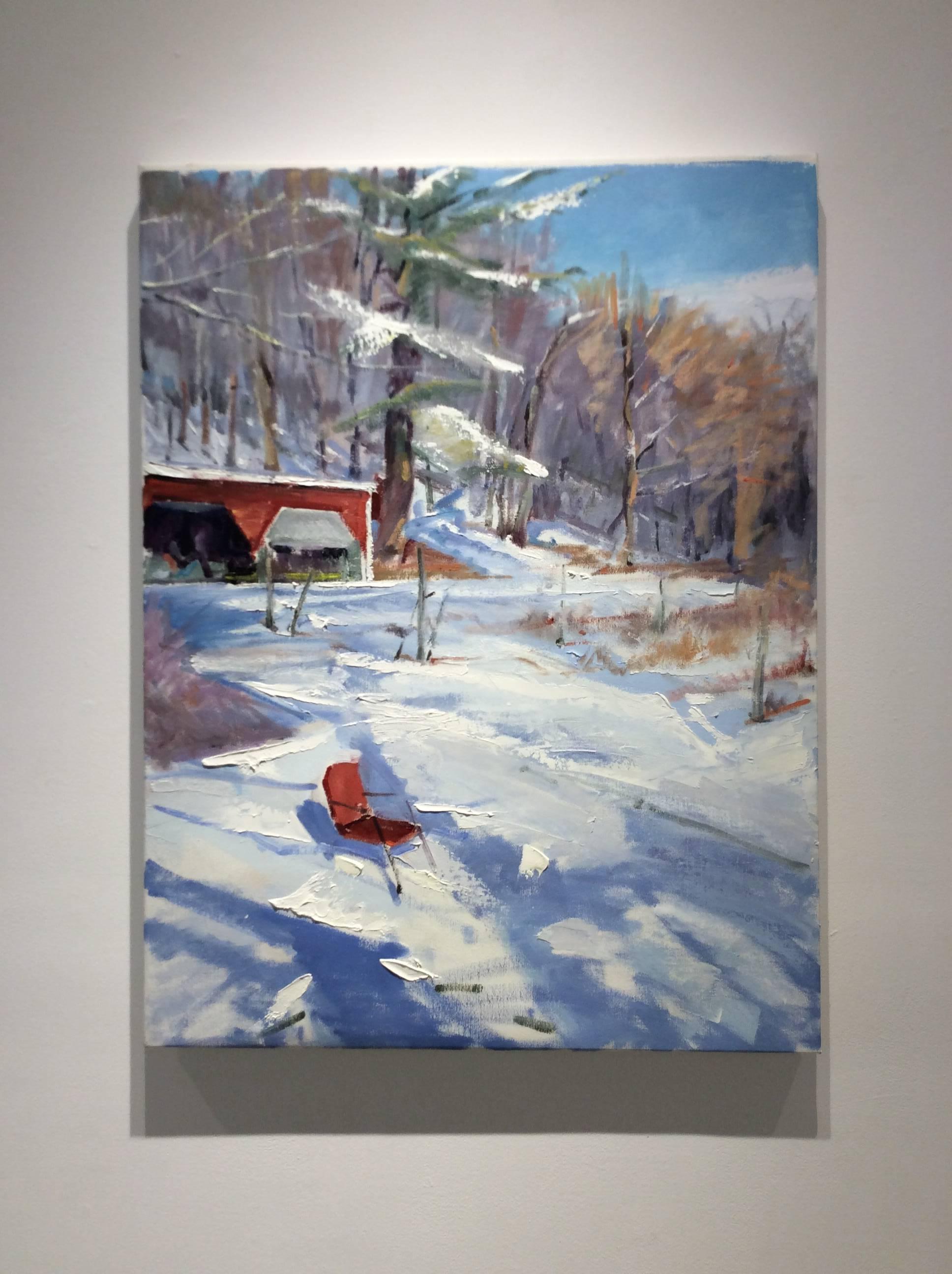Hudson Valley landscape painting of a snowy country scene in the wintertime. 
Oil on linen, 34 x 26 inches

John Kelly approaches the Hudson Valley landscape with the eye of an architect and the hand of an impressionist. With intense attention paid