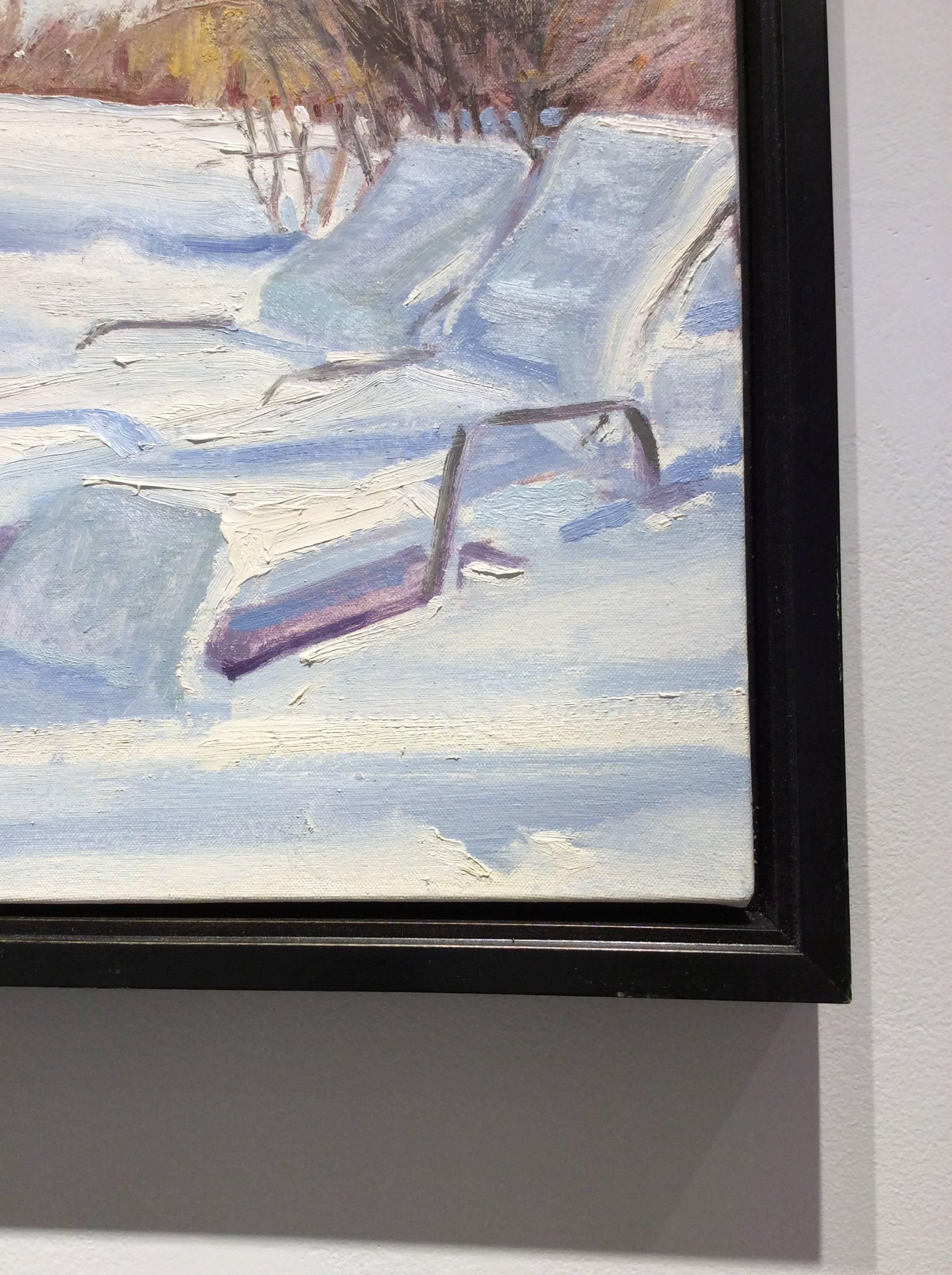 Lounges d'hiver (petite peinture de paysage de la vallée de l'Hudson représentant une scène d'hiver enluminée) - Gris Landscape Painting par John Kelly
