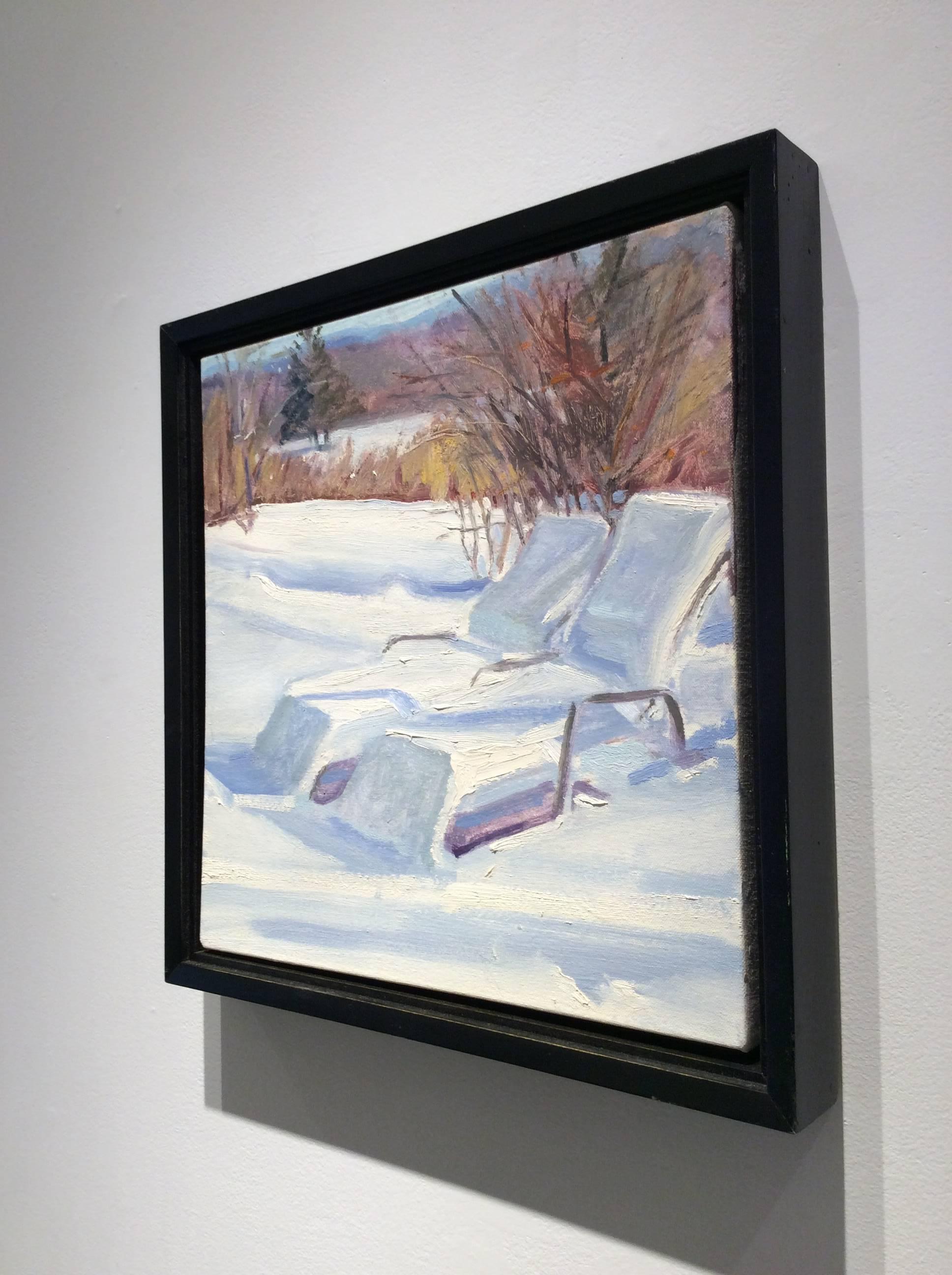 Winter-Lounges (kleines Landschaftsgemälde einer schnetternden Winterszene im Hudson Valley) (Moderne), Painting, von John Kelly