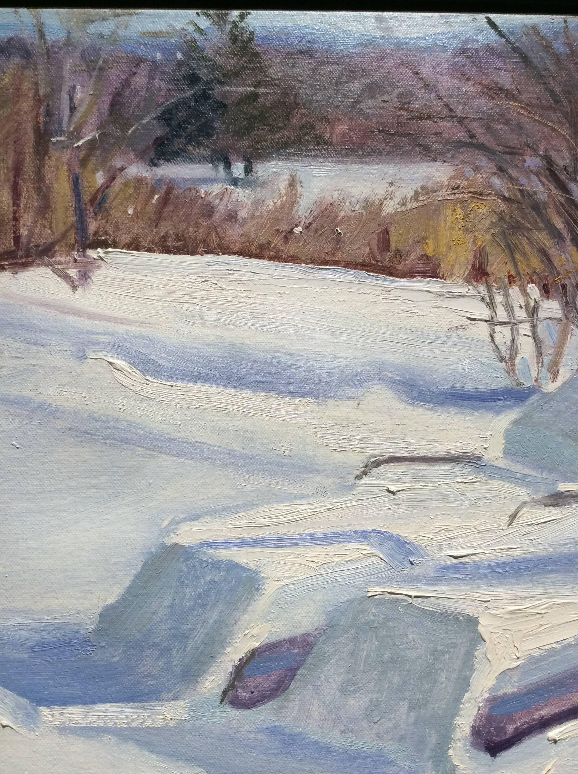 Winter-Lounges (kleines Landschaftsgemälde einer schnetternden Winterszene im Hudson Valley) – Painting von John Kelly