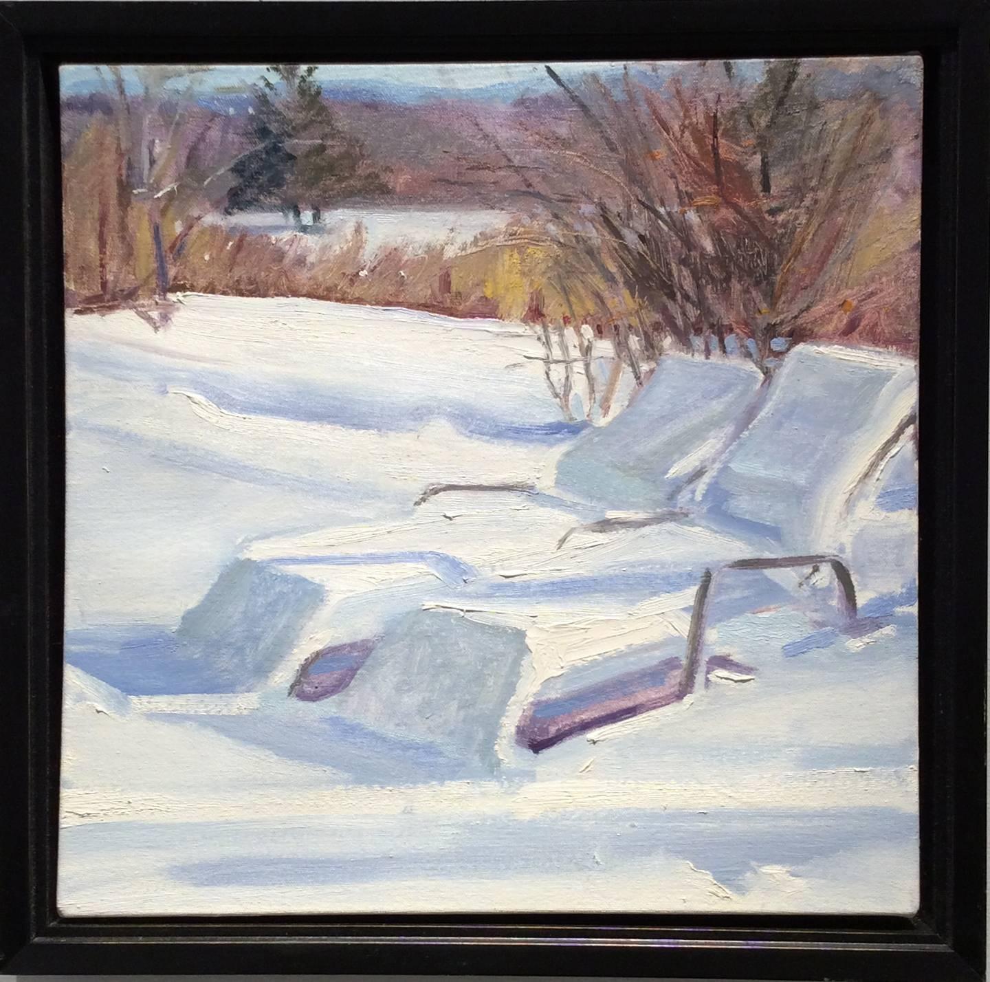 John Kelly Landscape Painting – Winter-Lounges (kleines Landschaftsgemälde einer schnetternden Winterszene im Hudson Valley)