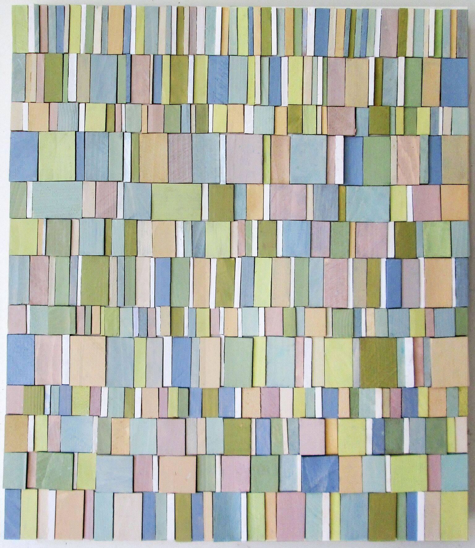Pianissimo (Abstract Wood Wall Sculpture in Pastel Shades of Pink, Blue, Green)