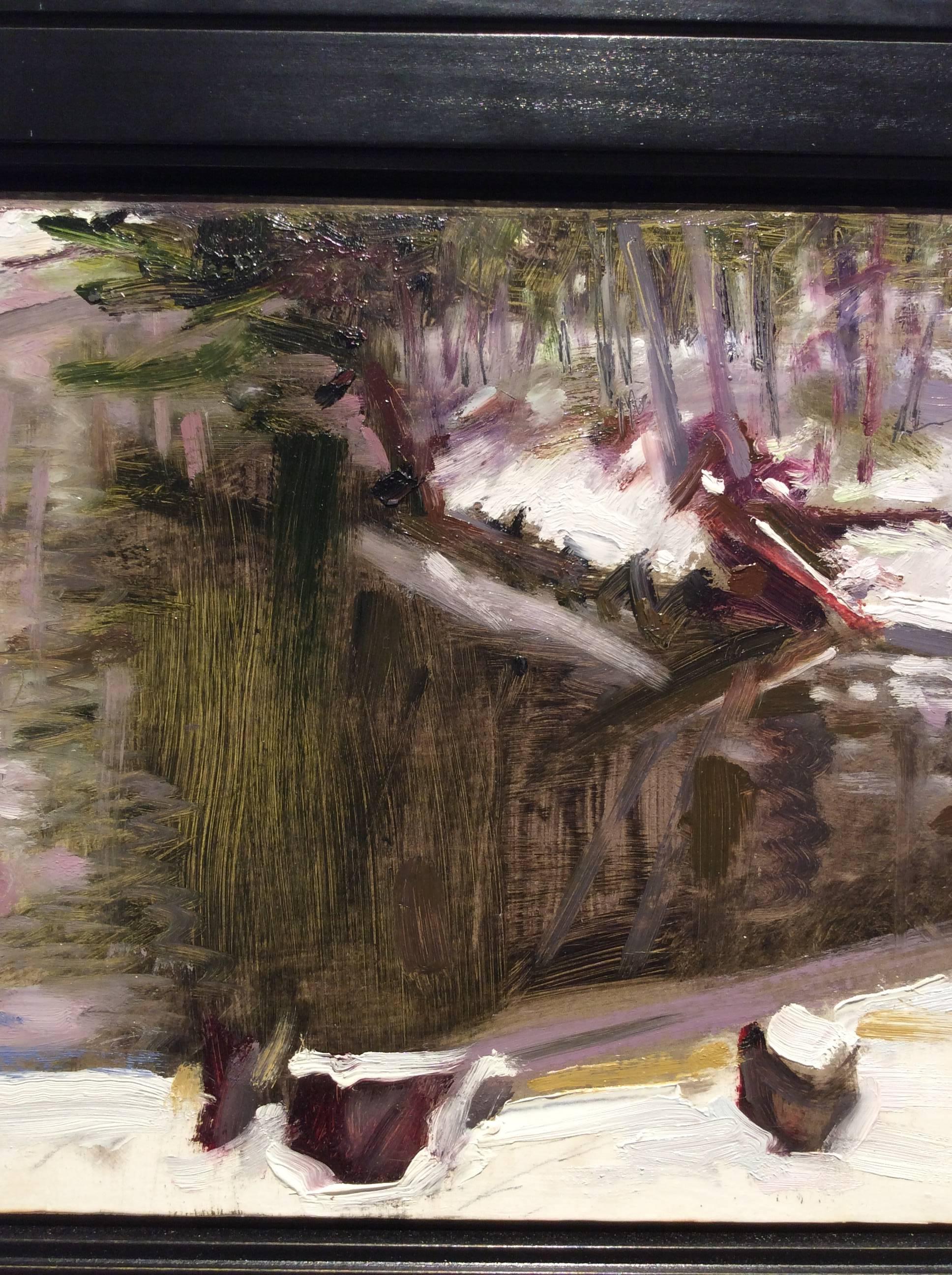 Impressionist style landscape painting on panel of a snowy pond and forest in winter 
Oil on on panel, 8 x 10 inches, 11.5 x 13.5 inches in black painted wood frame

John Kelly approaches the Hudson Valley landscape with the eye of an architect and