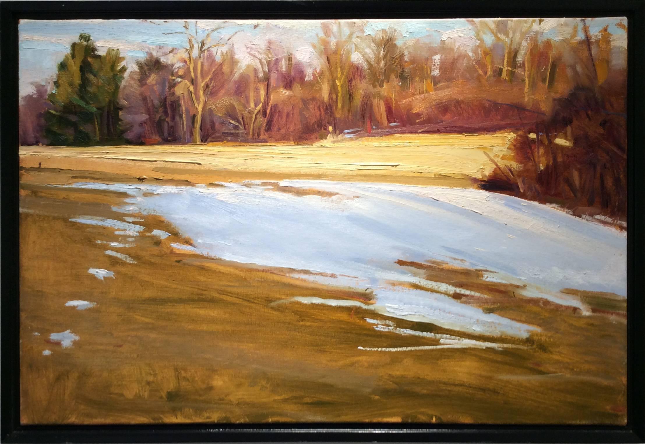 Impressionist style Hudson Valley landscape painting of a white snow patch in a yellow country field 
Oil on linen, 18 x 19.5 inches in black painted frame

John Kelly approaches the Hudson Valley landscape with the eye of an architect and the hand