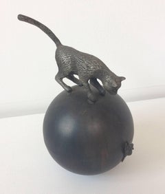 Cat and Mouse II (Dark Metallic Pewter and Brass Ball Sculpture of Cat & Mouse)