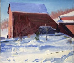 Red White and Blue (Hudson Valley Landscape Oil Painting of Barn in Winter)