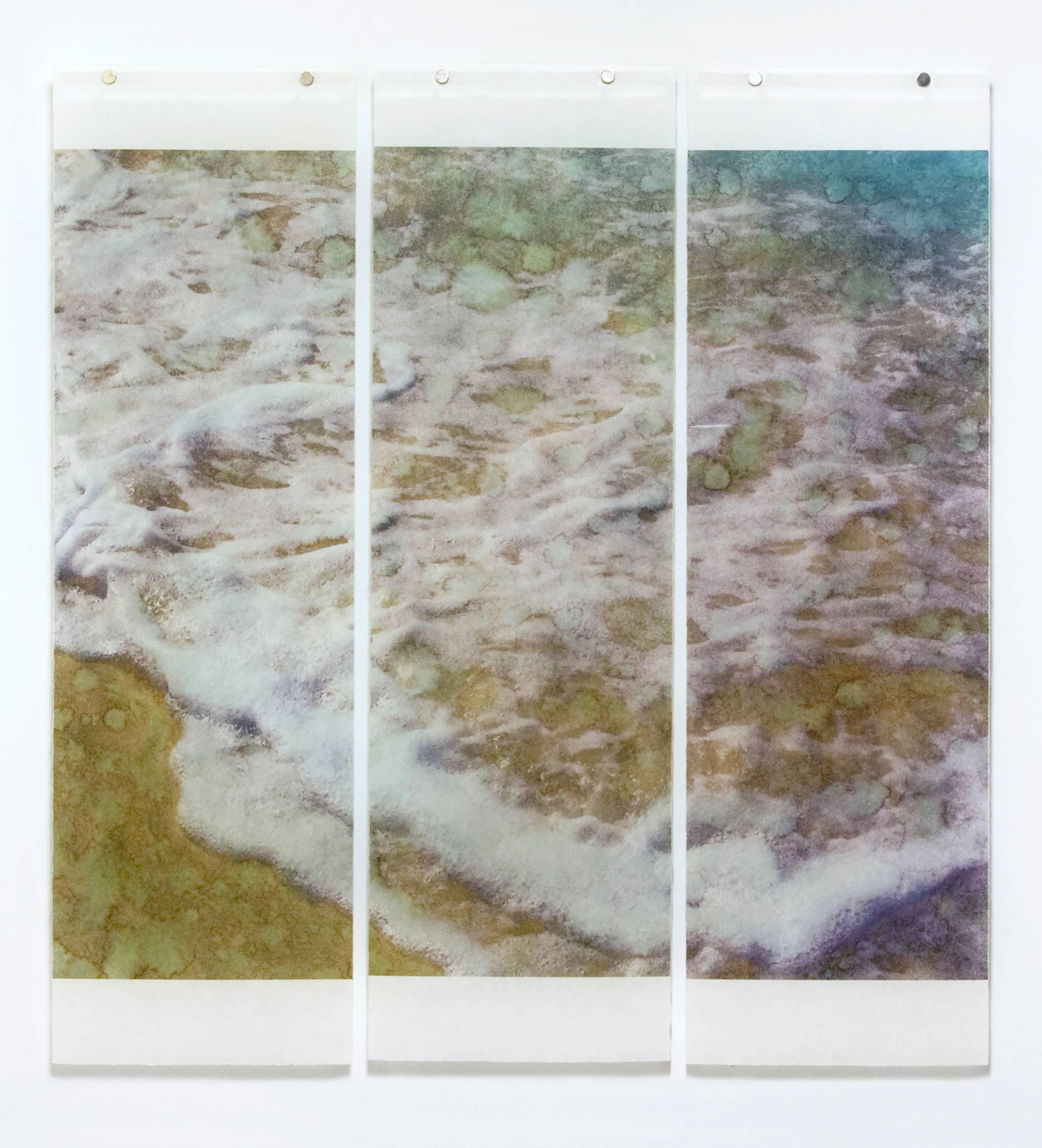 Contemporary pigment print of blue ocean waves in white frame
36 x 33 inches unframed
Japanese Kozo paper infused with encaustic on 3 panels, each panel is 36 inches x 11 inches 

Jeri Eisenberg's photographs, which capture nature's beautiful