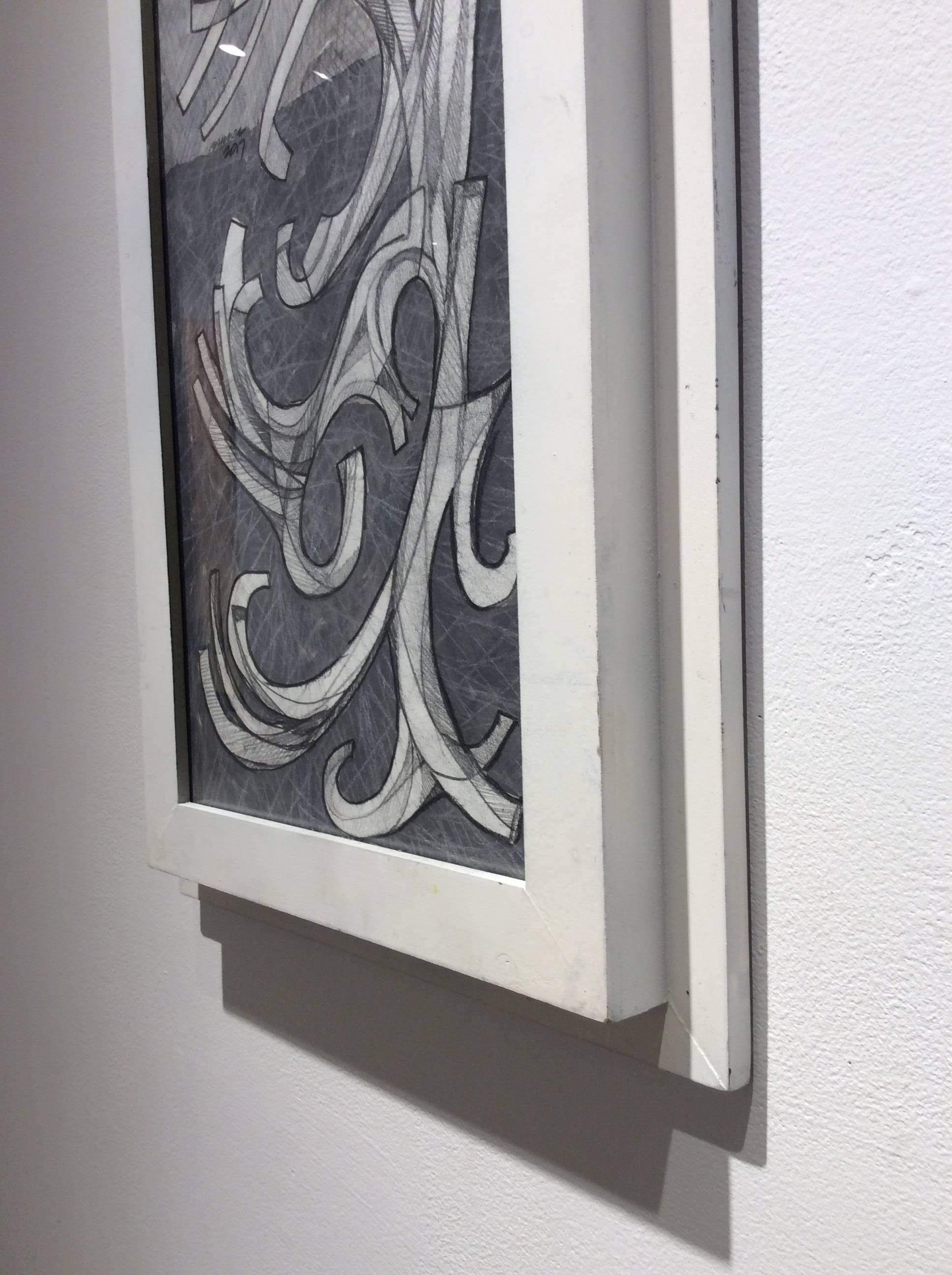 Abstract arabesque drawing on paper in vertical white frame 
Graphite on paper in vintage frame
27 x 11 inches framed
Wire on the back, ready to hang as is

This abstract graphite drawing on paper was inspired by the Arabesque, a decorative style of