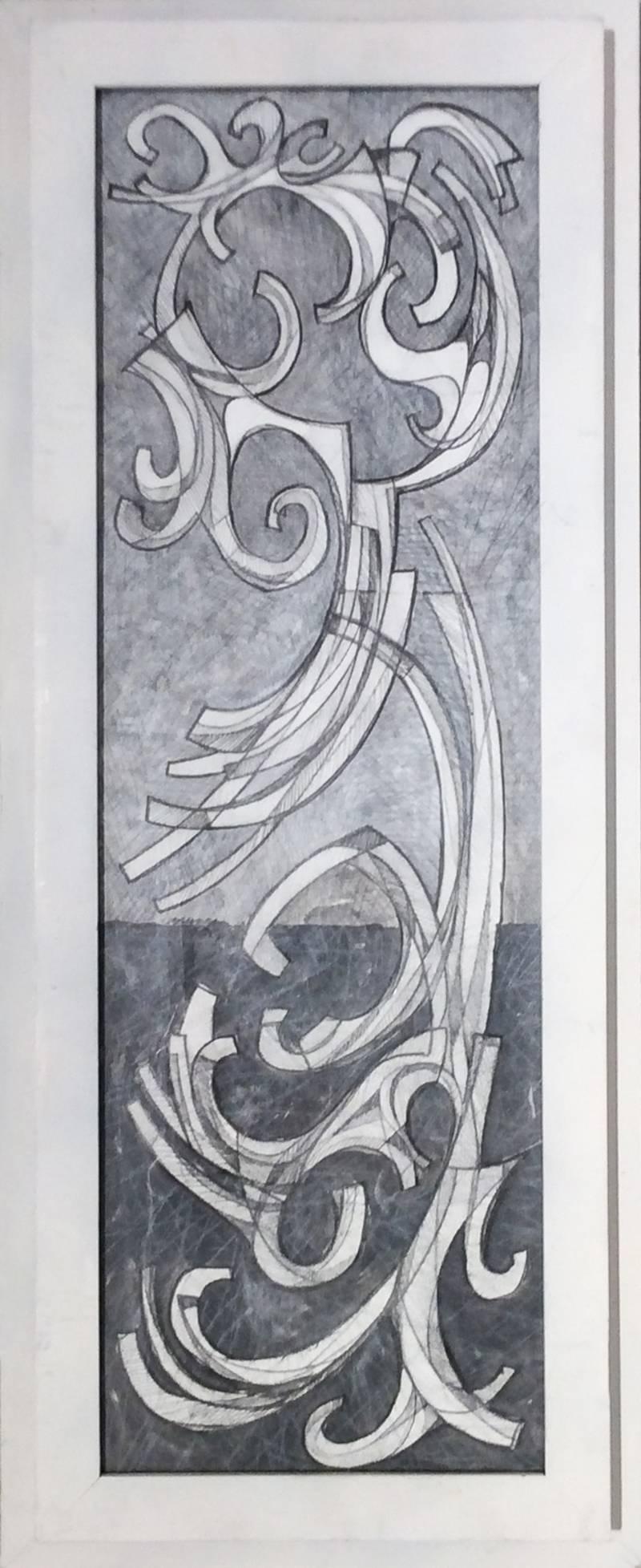 Arabesque 2 (Abstract Drawing on Paper in Vertical White Frame) - Art by David Dew Bruner