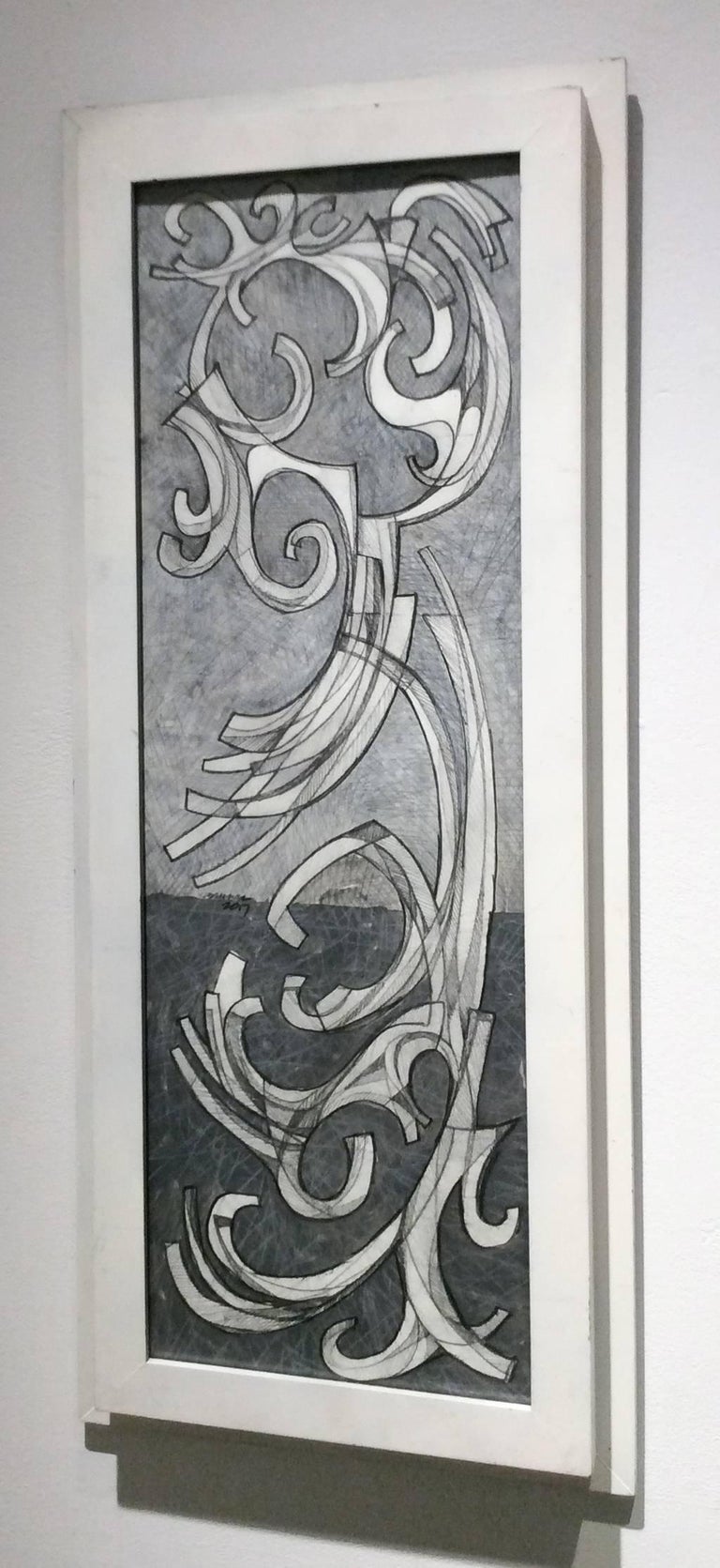 Arabesque 2 (Abstract Drawing on Paper in Vertical White Frame) For Sale 1