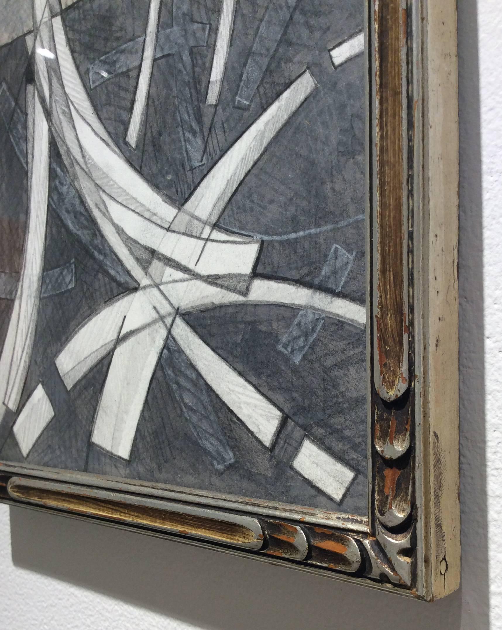 Arabesque 1 (Graphite Work on Paper in Vintage Frame) - Gray Abstract Drawing by David Dew Bruner