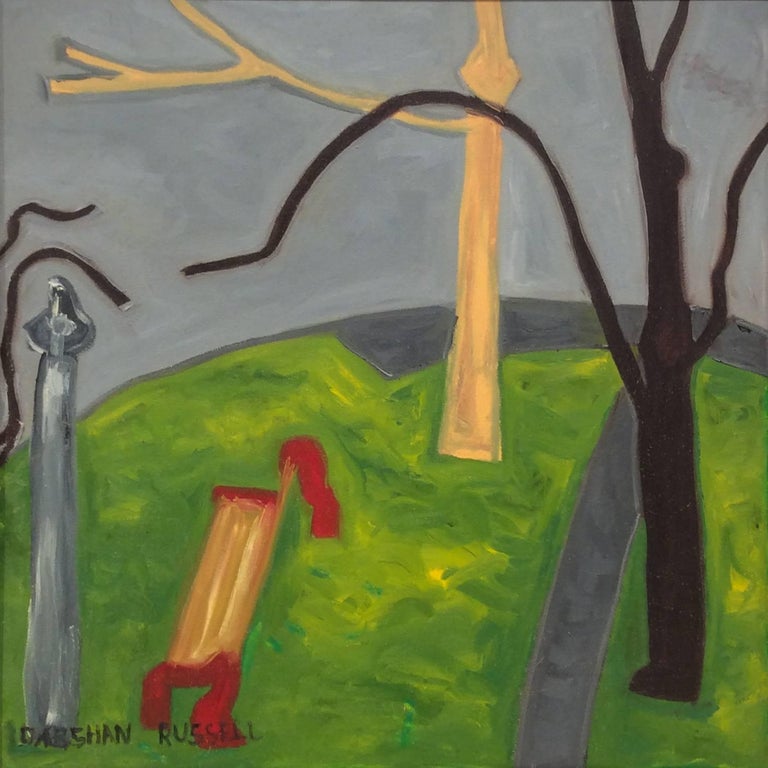 Darshan Russell Landscape Painting - Looking Down: Modern, Naive Style Cityscape of Park Bench and Gray Sky