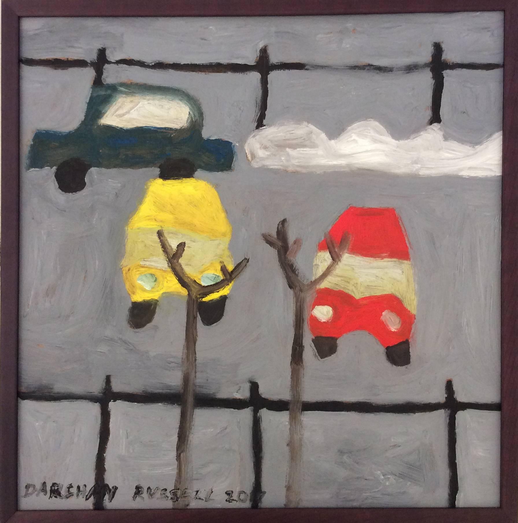 Peinture à l'huile carrée « Parked Cars: Modern, Naive Style » représentant des voitures dans un lot gris - Painting de Darshan Russell