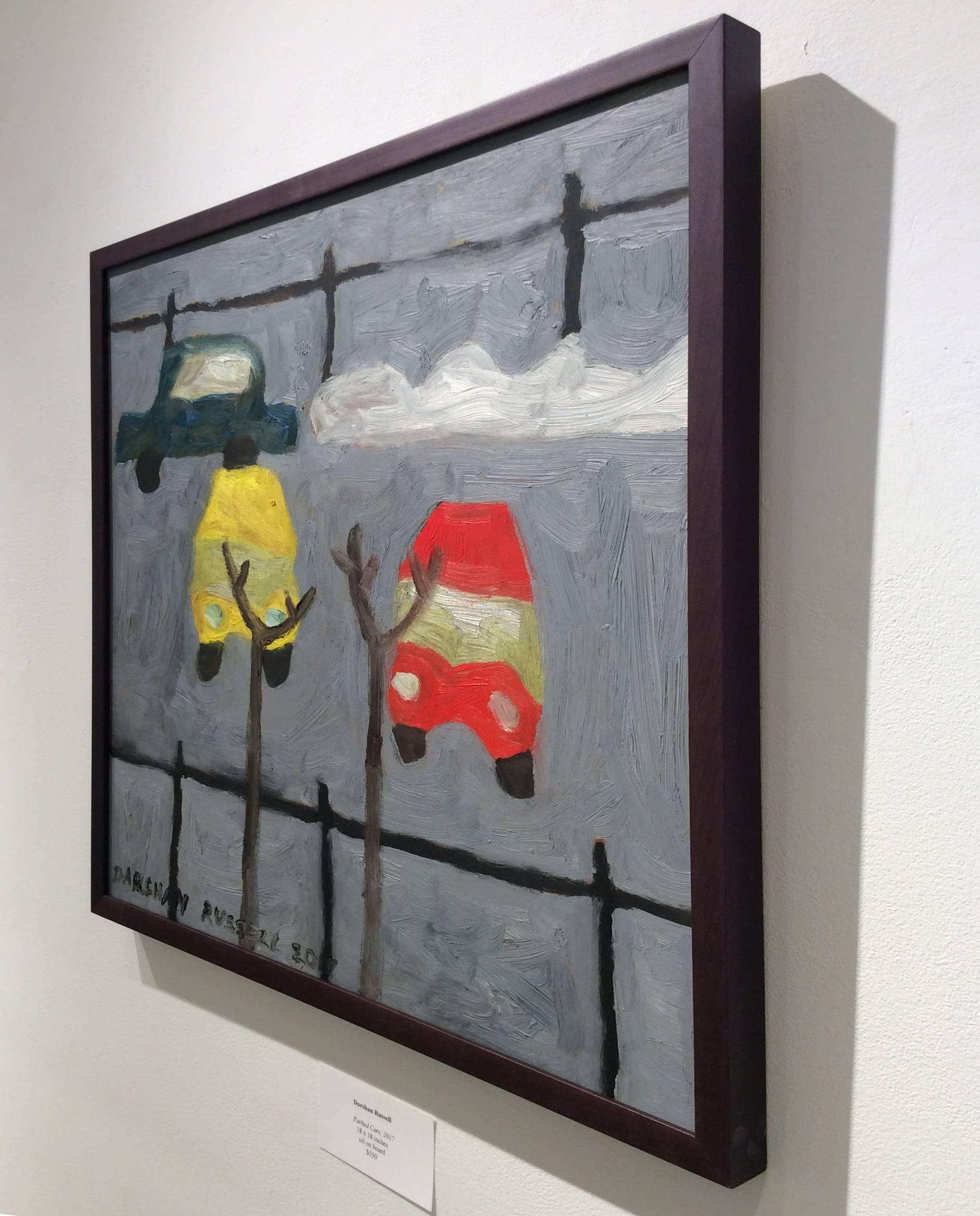 Peinture à l'huile carrée « Parked Cars: Modern, Naive Style » représentant des voitures dans un lot gris - Artisanat Painting par Darshan Russell