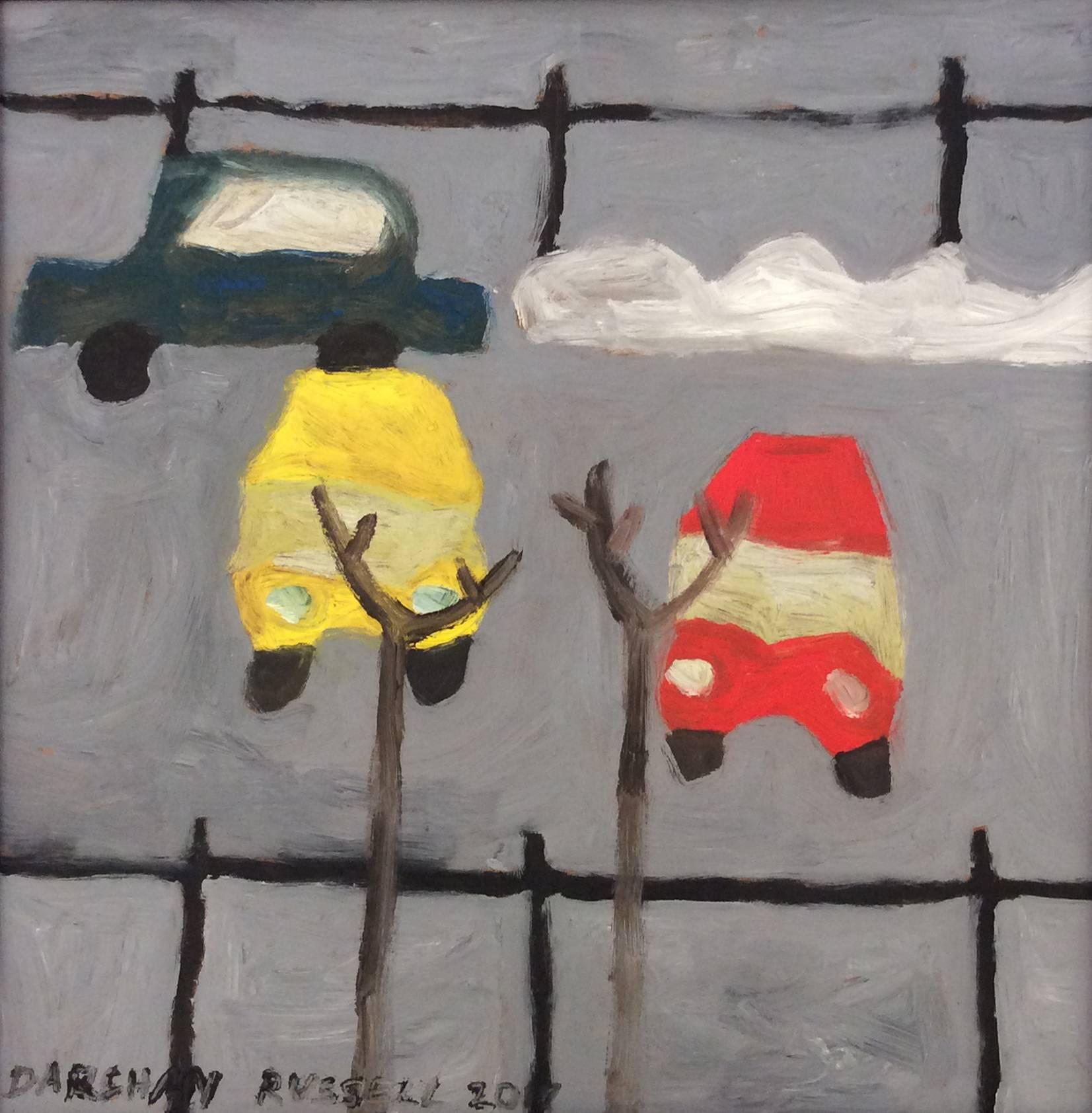 Parked Cars: Modern, Naive Style Square Oil Painting of Cars in a Gray Lot