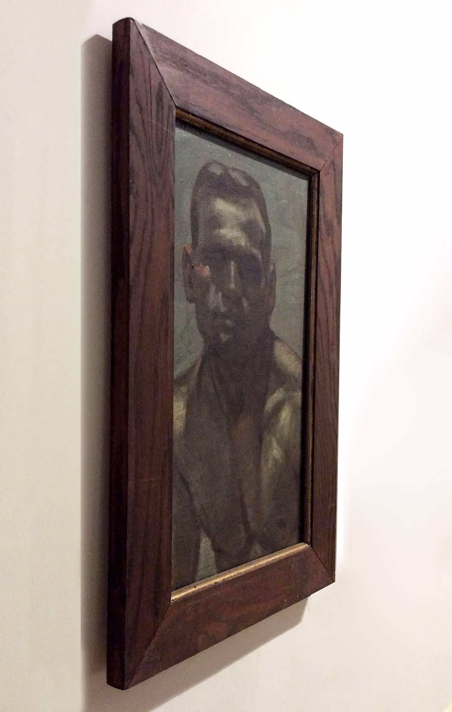Modern, academic style portrait painting on canvas of a young athletic male 
oil on canvas, 26 x 17 inches in antique wood frame

This vertical, contemporary portrait painting of single young male was made by Mark Beard under his fictitious artistic