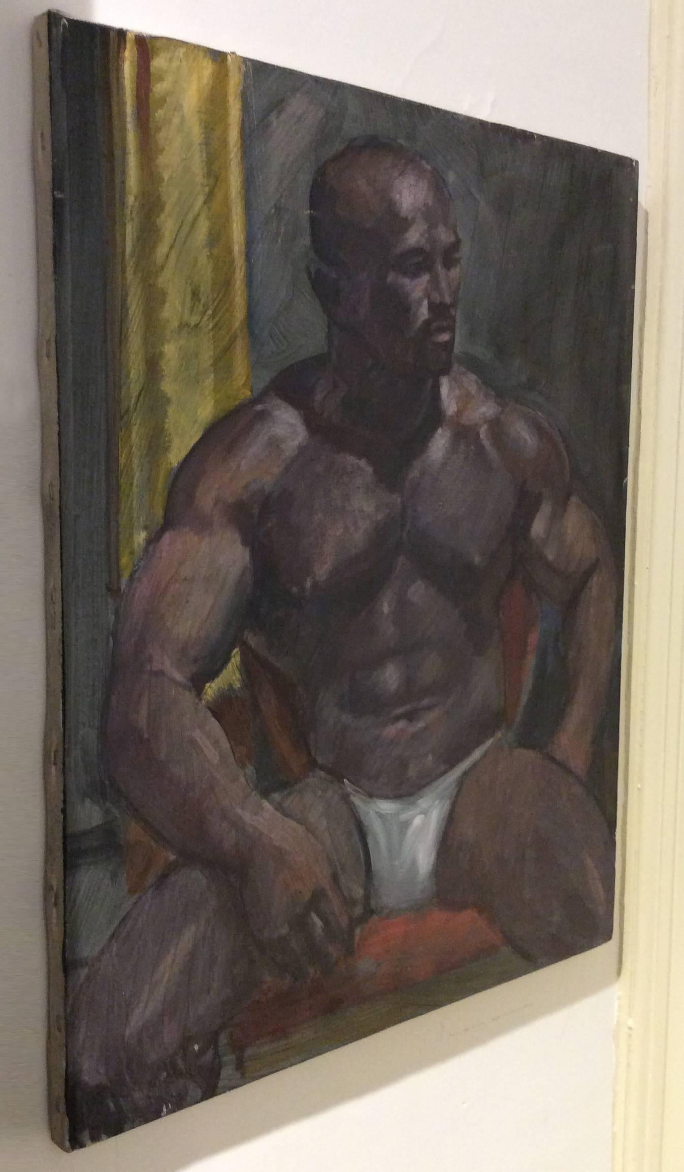 Portrait I ohne Titel (Porträtgemälde eines jungen kugelförmigen Mannes im akademischen Stil)  (Schwarz), Figurative Painting, von Mark Beard