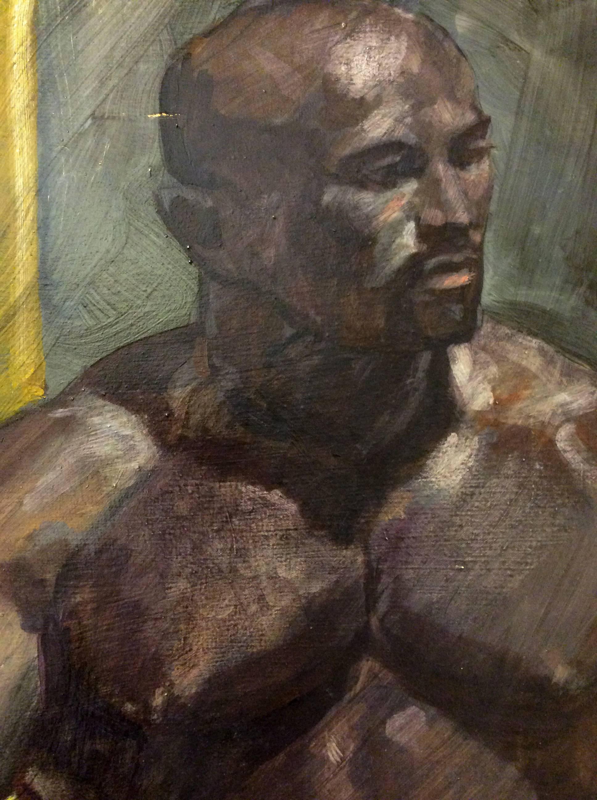 Portrait I ohne Titel (Porträtgemälde eines jungen kugelförmigen Mannes im akademischen Stil)  – Painting von Mark Beard