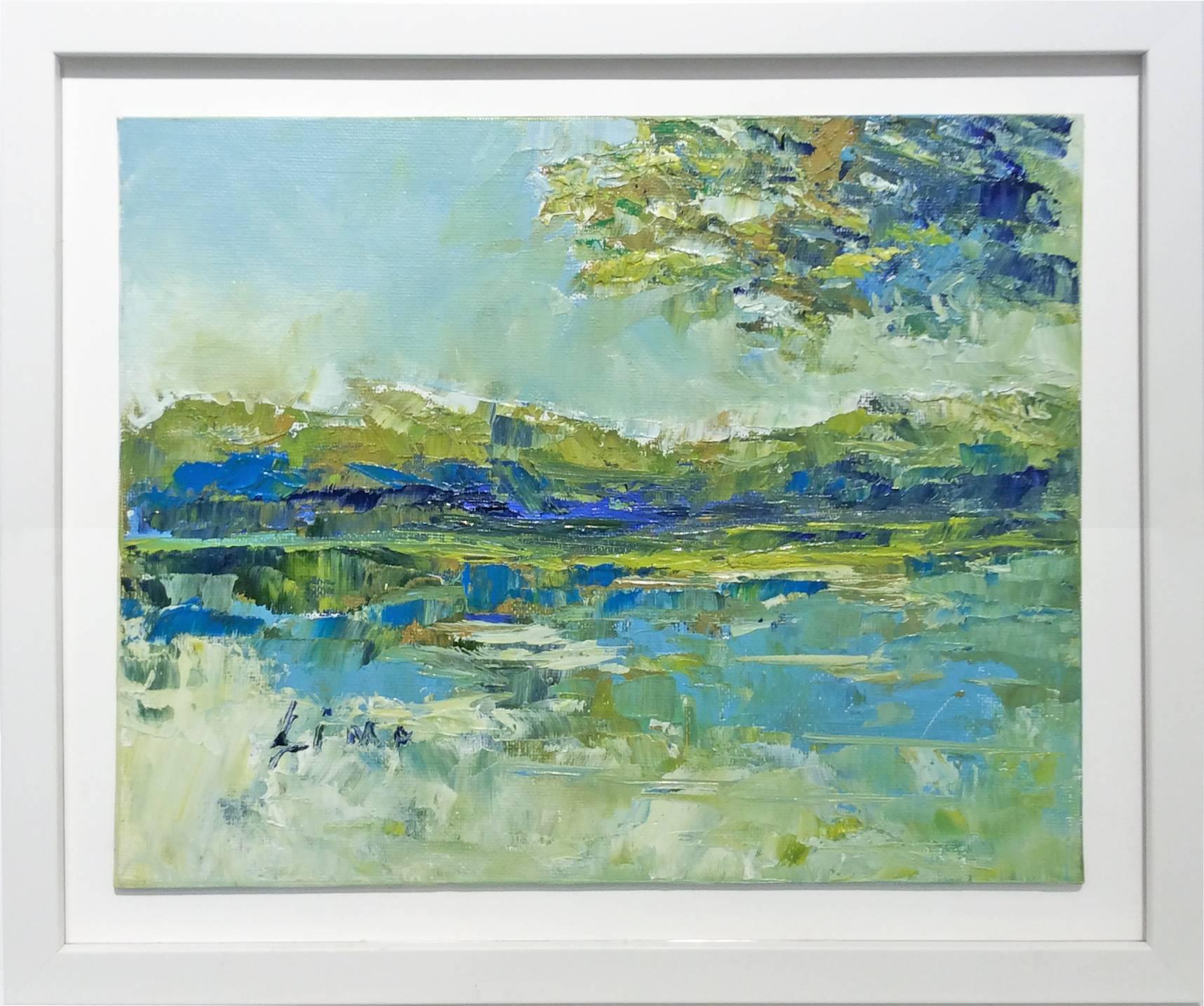 Luma: Impressionist Style Landscape in Green, Blue, and White - Painting by Jose Lima