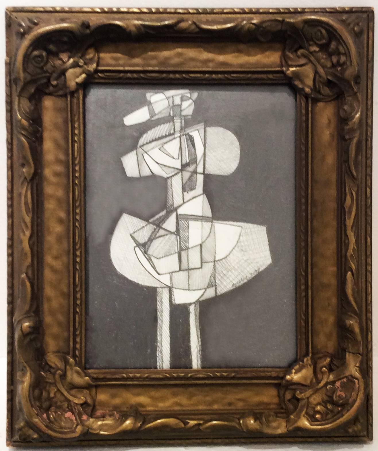 David Dew Bruner Abstract Drawing - Infanta XL (Small Abstract Figurative Graphite Drawing in Antique Gold Frame)