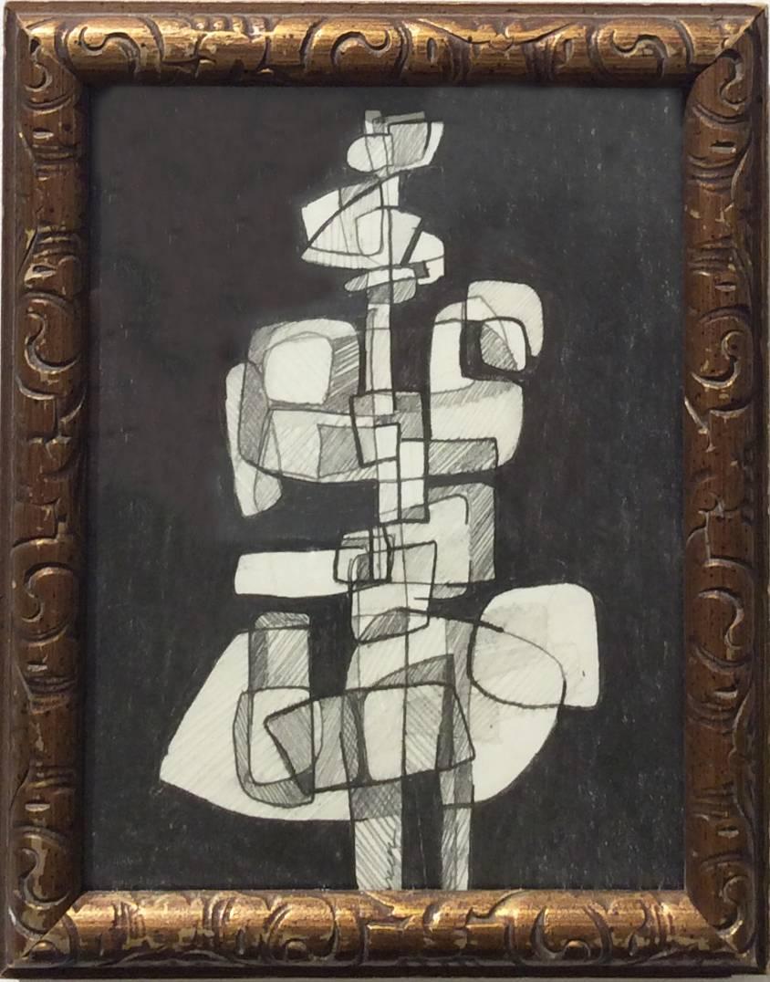 David Dew Bruner Abstract Drawing - Infanta XLI (Small Abstract Figurative Graphite Drawing in Antique Gold Frame)