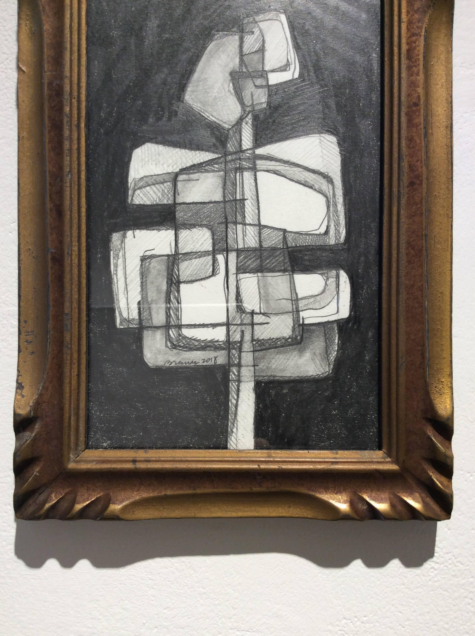 Infanta XLV (Small Abstract Figurative Graphite Drawing in Antique Wood Frame) - Brown Abstract Drawing by David Dew Bruner
