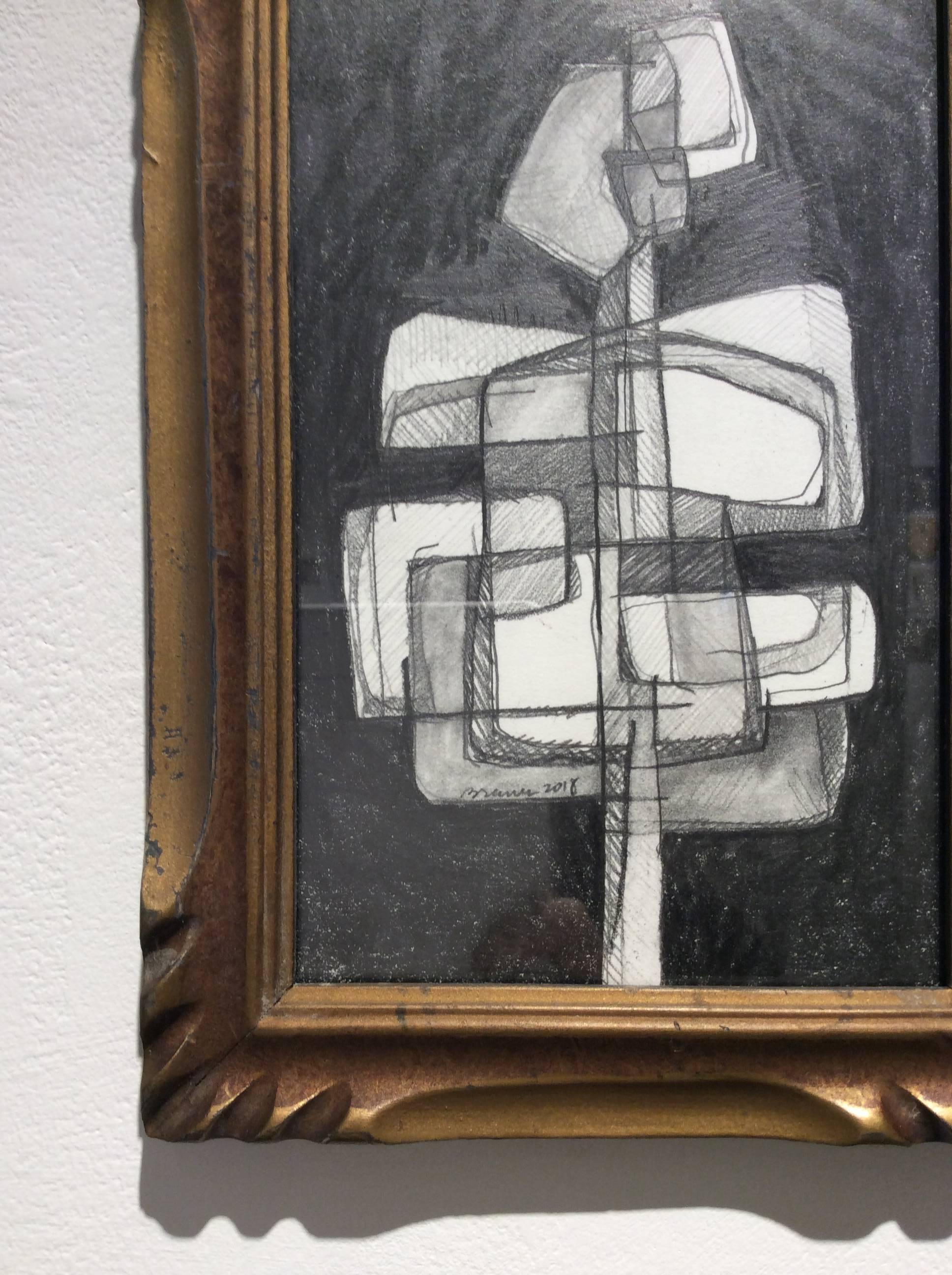 Infanta XLV (Small Abstract Figurative Graphite Drawing in Antique Wood Frame) - Contemporary Art by David Dew Bruner