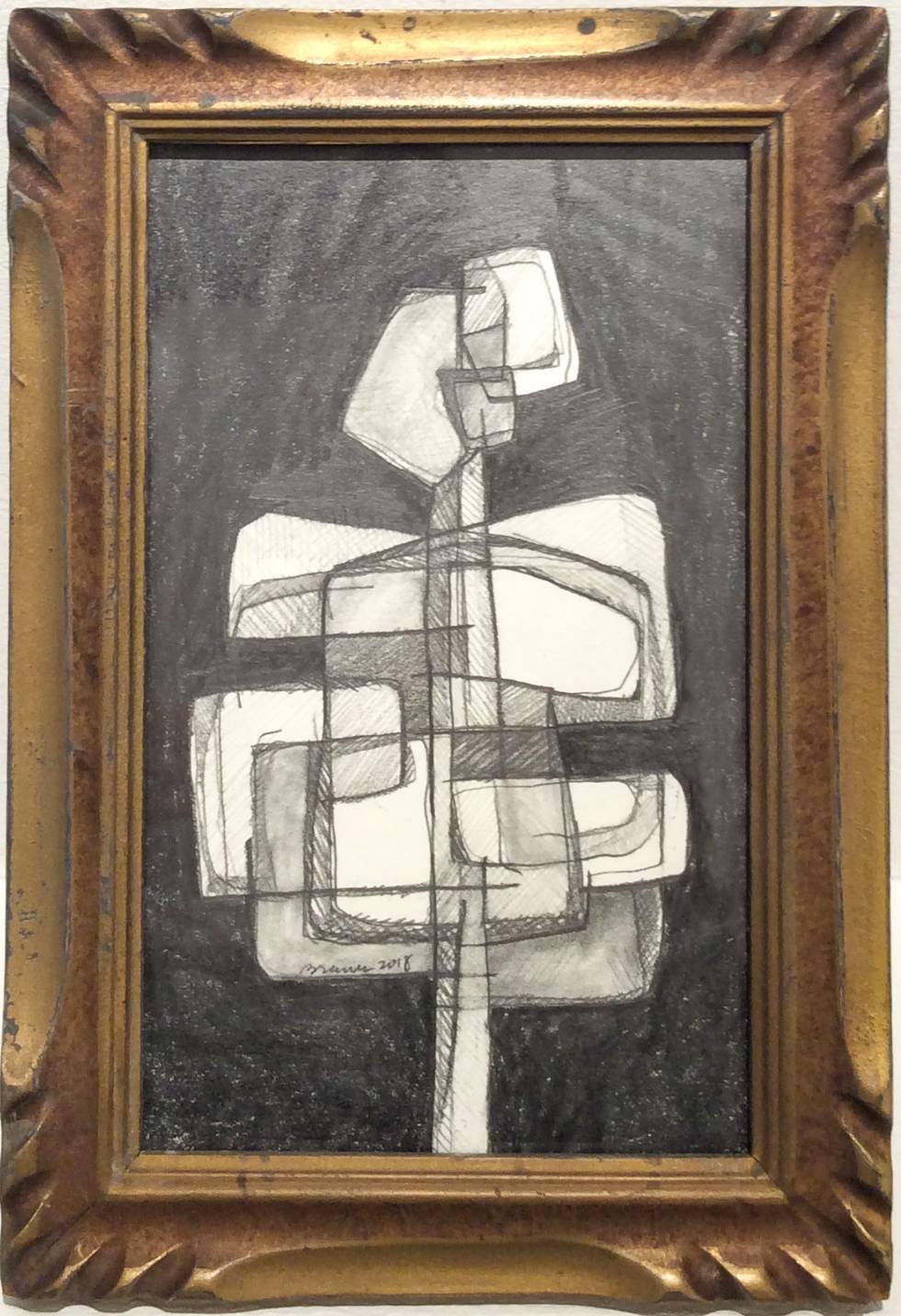 David Dew Bruner Abstract Drawing - Infanta XLV (Small Abstract Figurative Graphite Drawing in Antique Wood Frame)