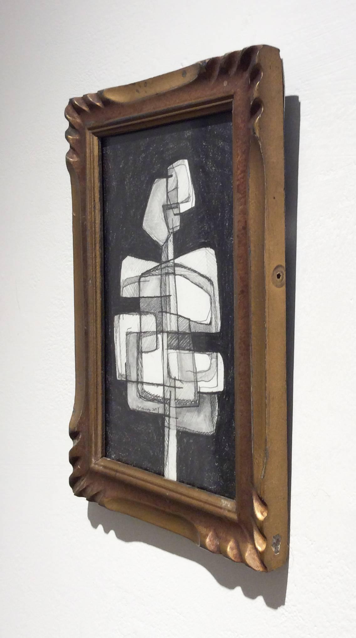 Infanta XLV (Small Abstract Figurative Graphite Drawing in Antique Wood Frame) - Art by David Dew Bruner