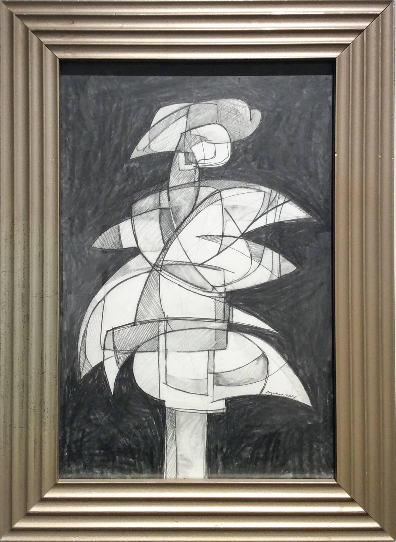 David Dew Bruner Figurative Art - Infanta XLVI (Abstract Figurative Graphite Drawing in Mid Century Modern Frame)