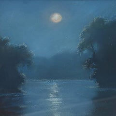 25 Series, No. 21: Landscape Drawing on Paper of a Blue Moonlit Hudson River 