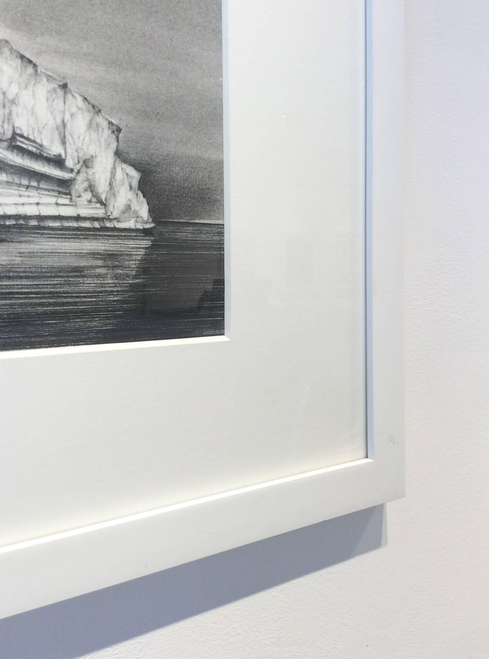 Iceberg Drawing 2: Black and White Landscape Drawing of Iceberg in Water, Framed - Contemporary Mixed Media Art by Juan Garcia-Nunez