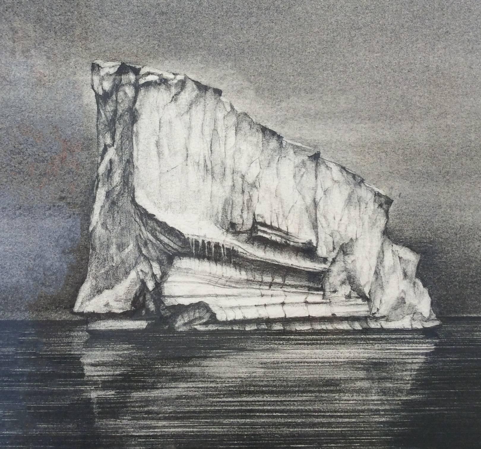 Iceberg Drawing 2: Black and White Landscape Drawing of Iceberg in Water, Framed - Contemporary Art by Juan Garcia-Nunez