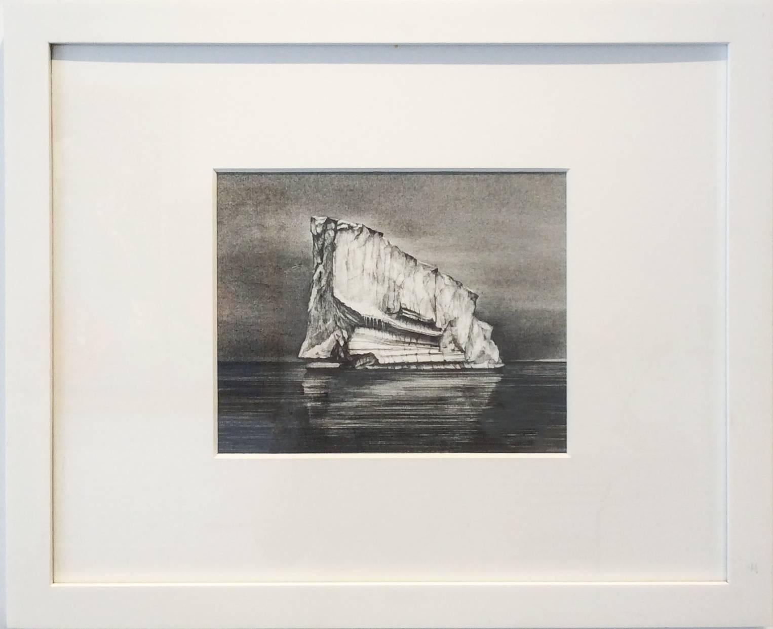 Iceberg Drawing 2: Black and White Landscape Drawing of Iceberg in Water, Framed - Art by Juan Garcia-Nunez