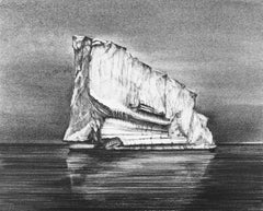 Iceberg Drawing 2: Black and White Landscape Drawing of Iceberg in Water, Framed
