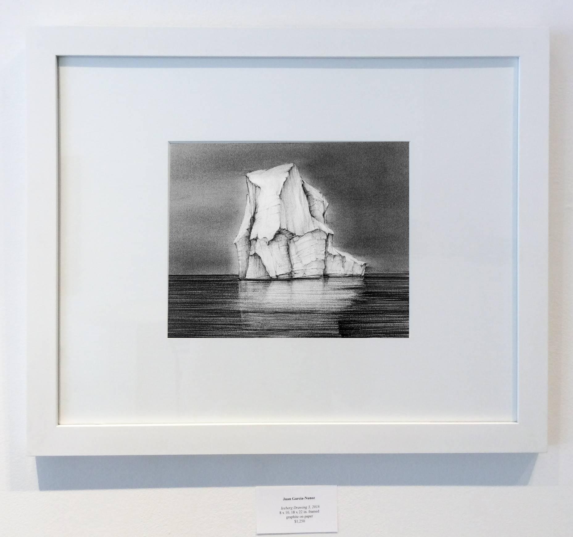 Eisberg-Zeichnung 3: Schwarz-Weiß-Landschaftszeichnung eines Eisbergs in Wasser, gerahmt (Zeitgenössisch), Art, von Juan Garcia-Nunez